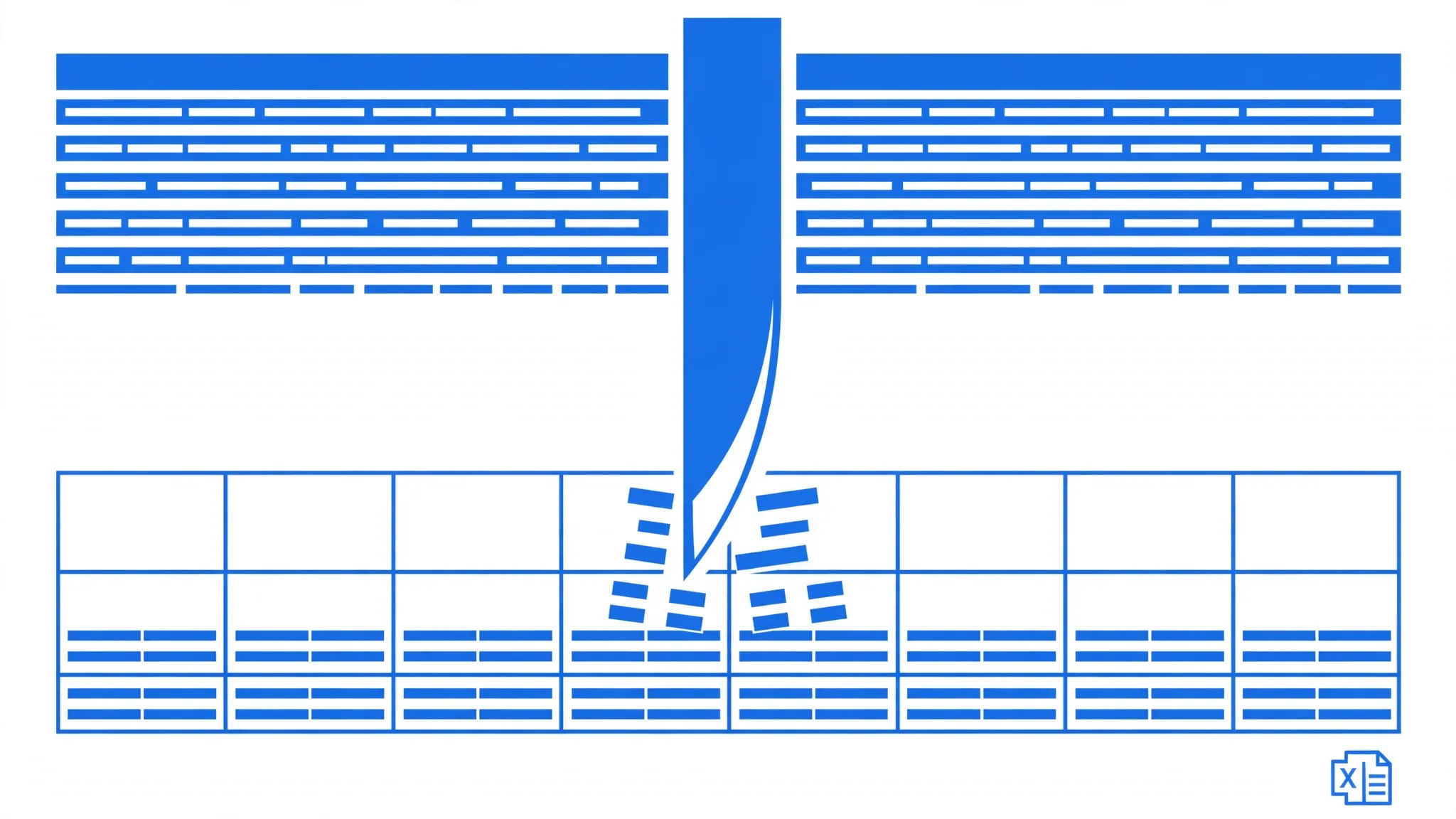 Large pipe symbol slicing through text rows with segments falling into spreadsheet columns