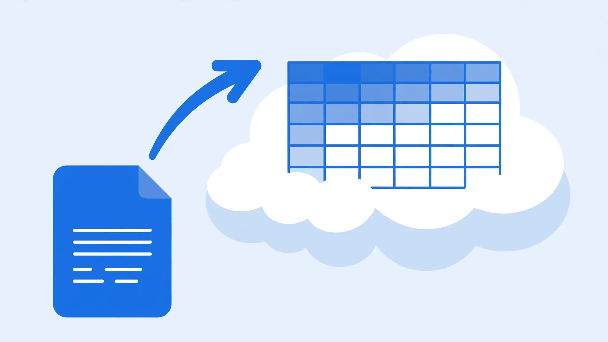CSV document icon uploading through an arrow into a colorful spreadsheet grid on a cloud