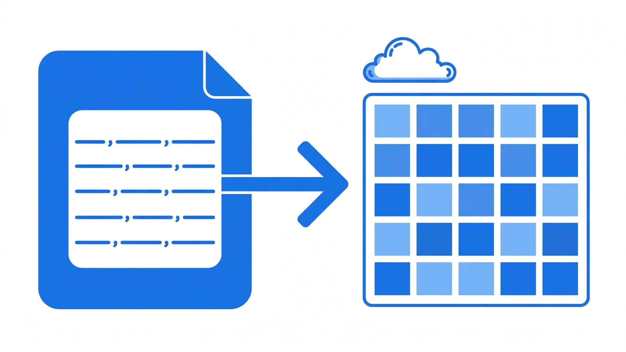 Document with comma-separated rows importing into a vibrant spreadsheet grid with a cloud above