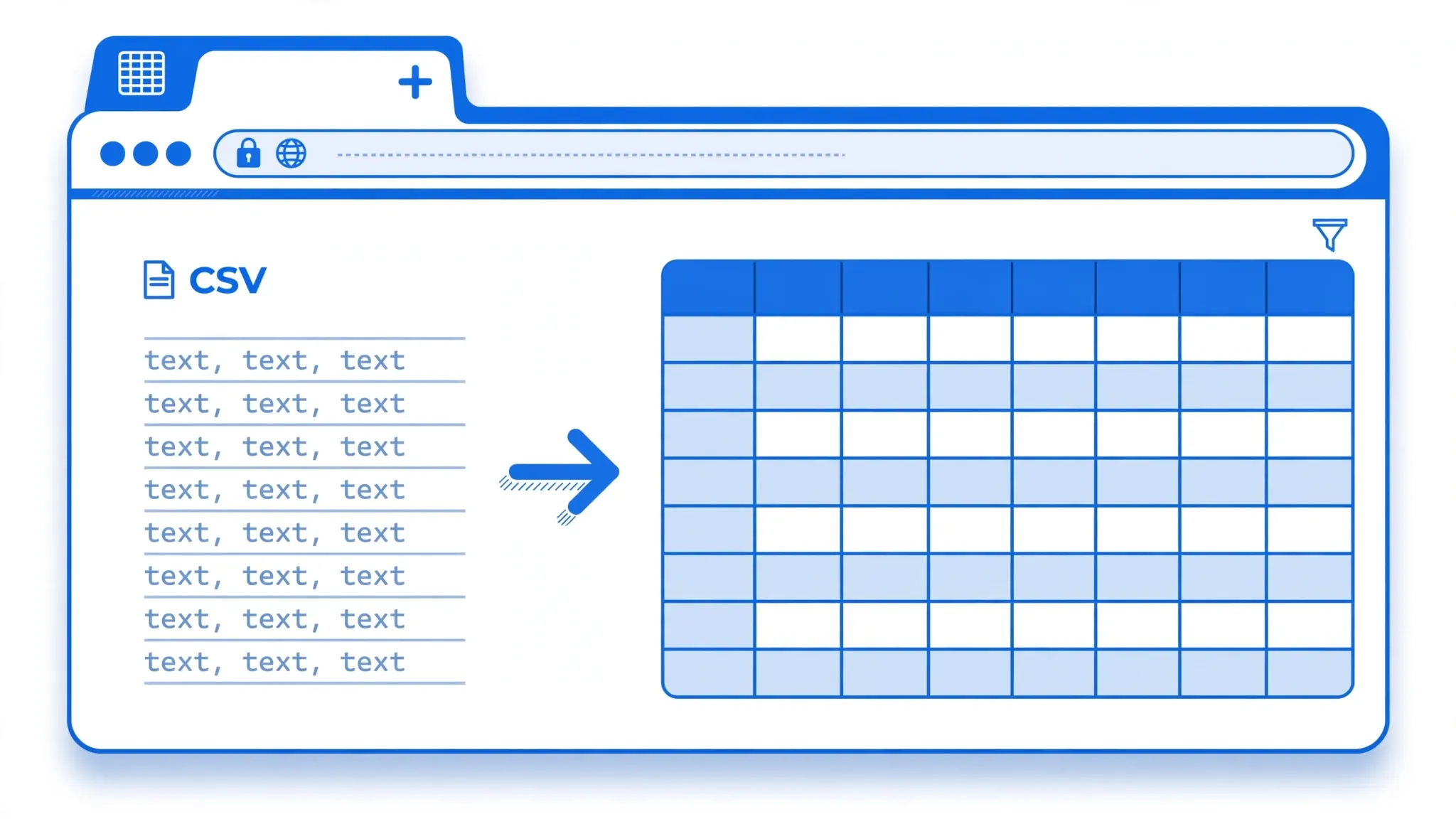 CSV text rows transforming into a bright spreadsheet grid inside a browser window frame