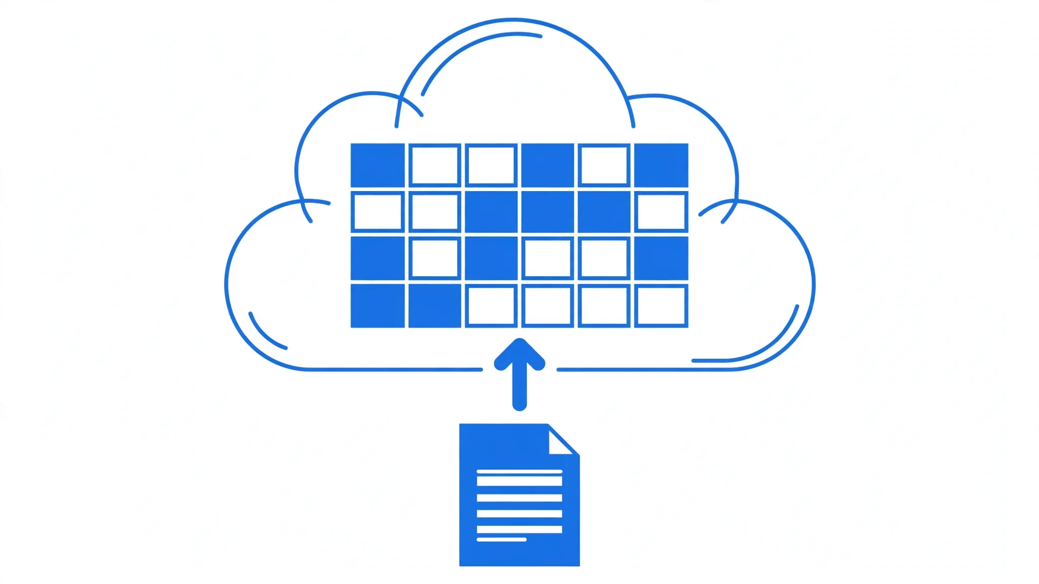 Cloud containing a colorful spreadsheet grid with an upload arrow rising from a CSV document