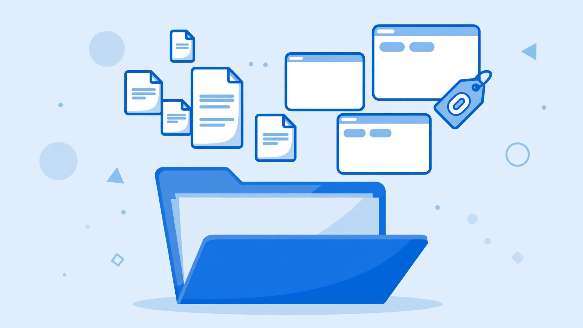 Open folder with floating document and app icons, representing the many free ways to open CSV files