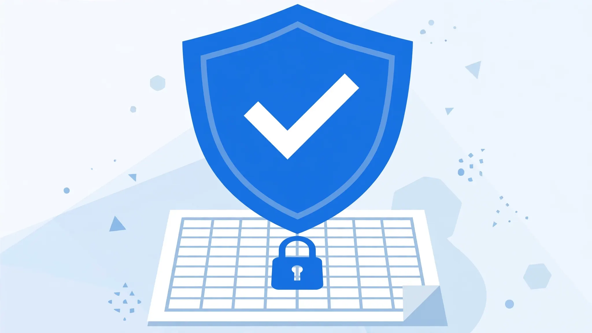 Blue shield with a white checkmark over a locked spreadsheet, representing verified Excel workbook protection