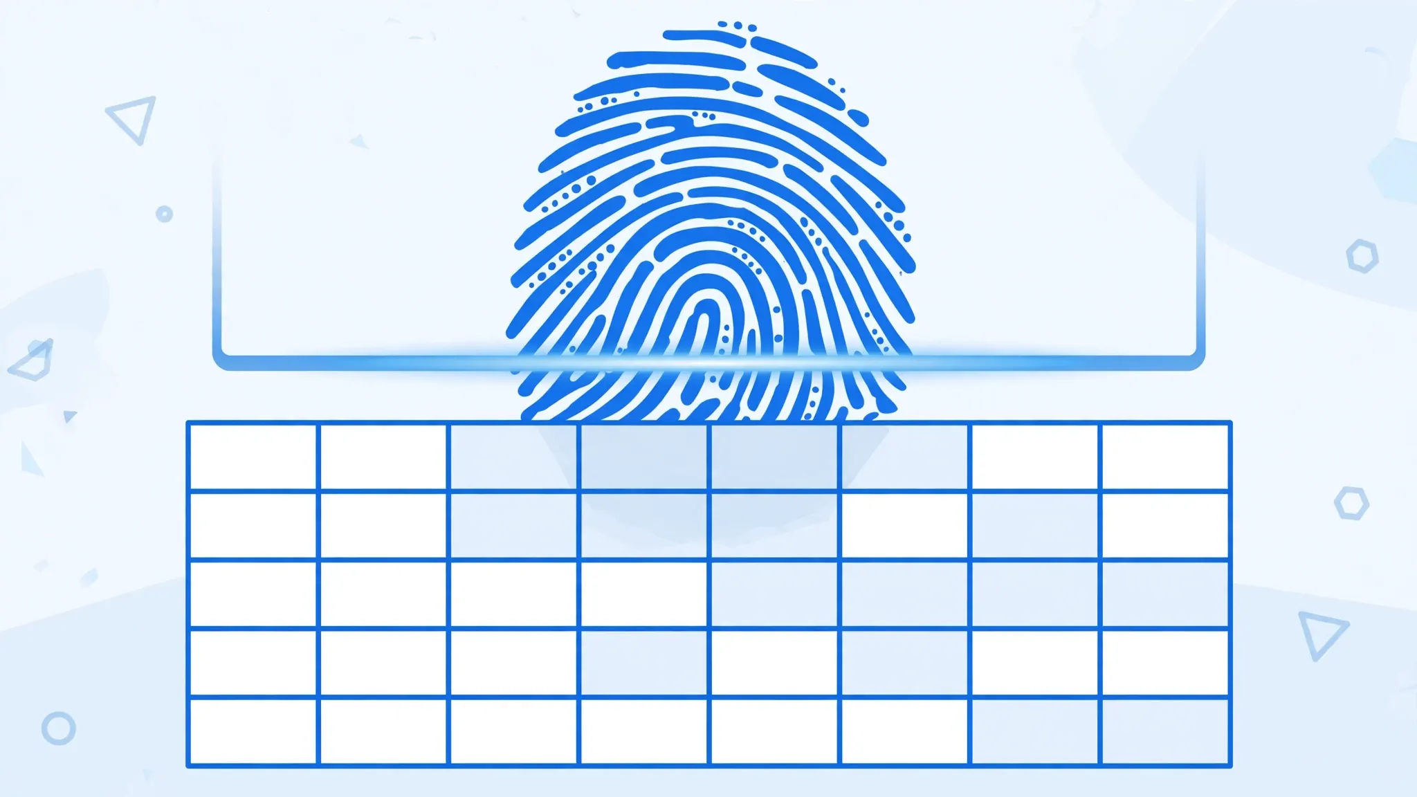 Fingerprint scan pattern over spreadsheet cells, illustrating access control limits of Excel passwords
