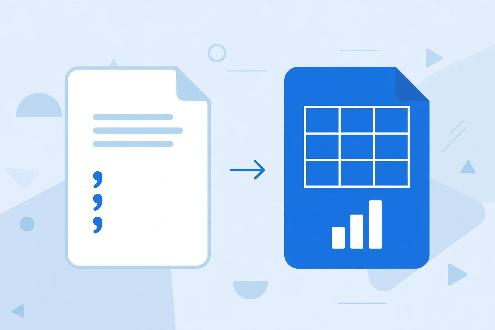Side-by-side comparison of a plain text file and a formatted spreadsheet, illustrating CSV versus Excel