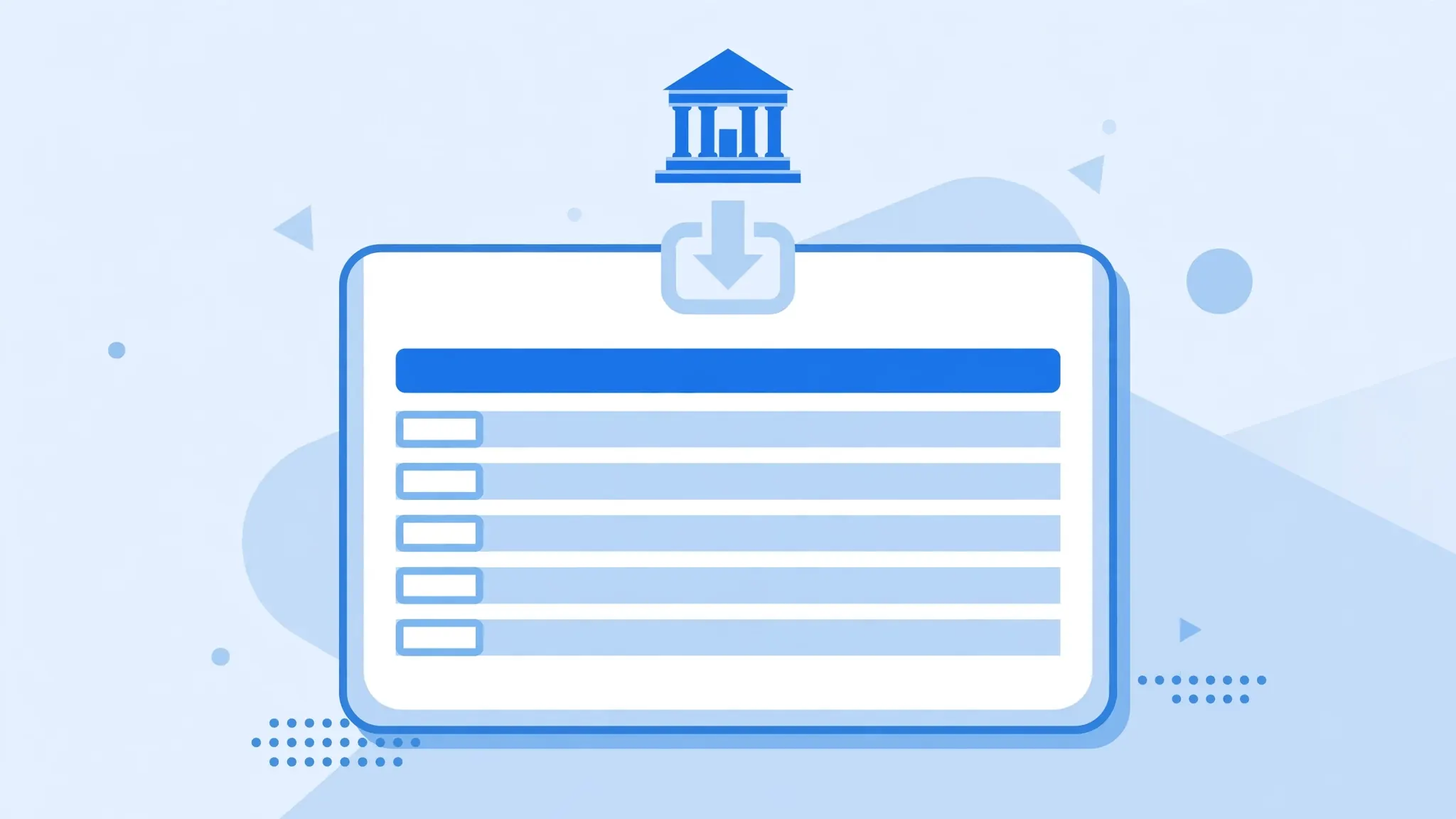 Bank statement document with table rows beneath a bank building icon, showing a downloaded CSV statement