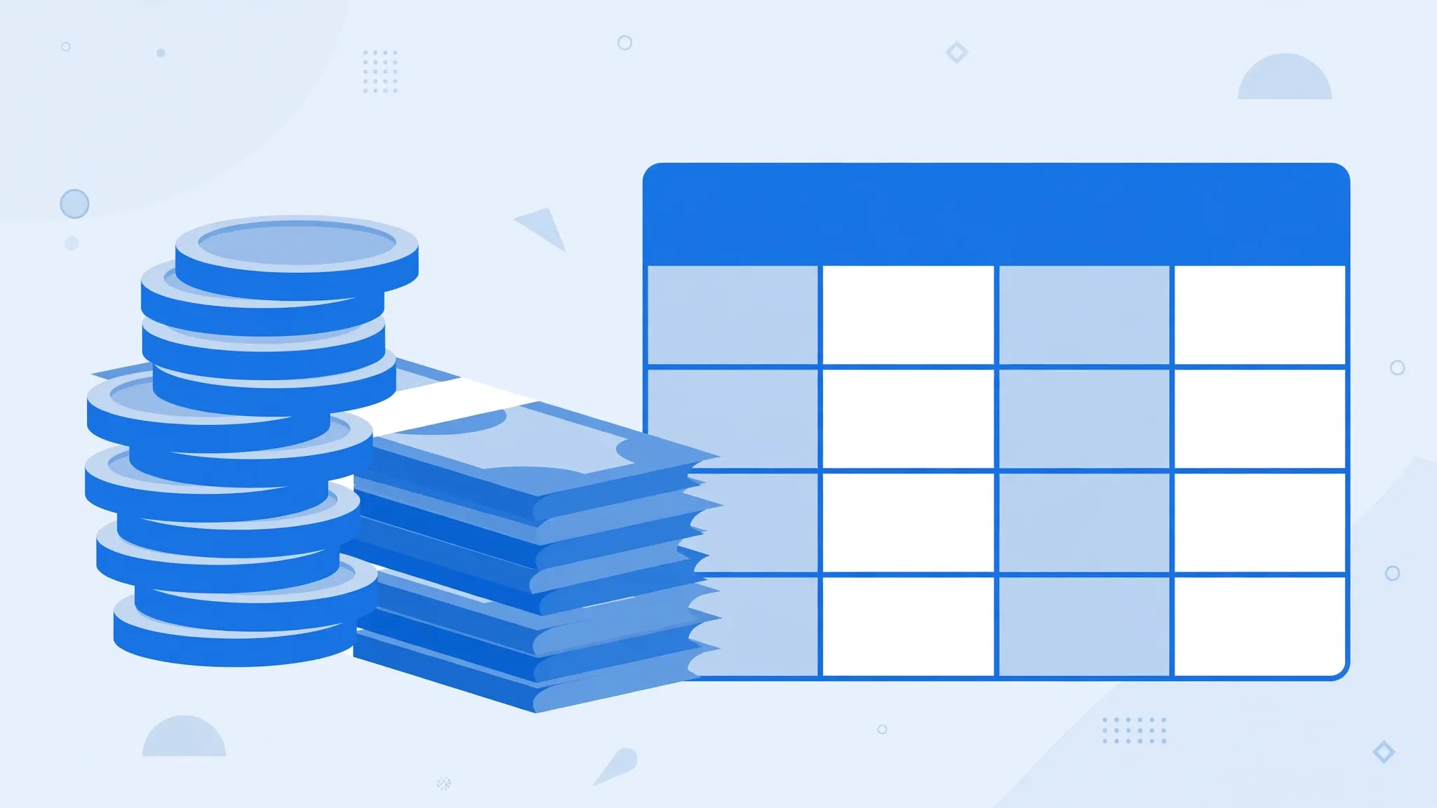 Stack of coins and banknotes beside a spreadsheet grid, representing reconciled accounting data