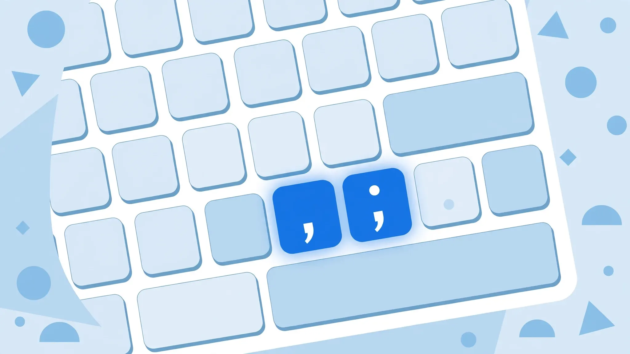 Close-up of a computer keyboard with comma and semicolon keys highlighted in blue