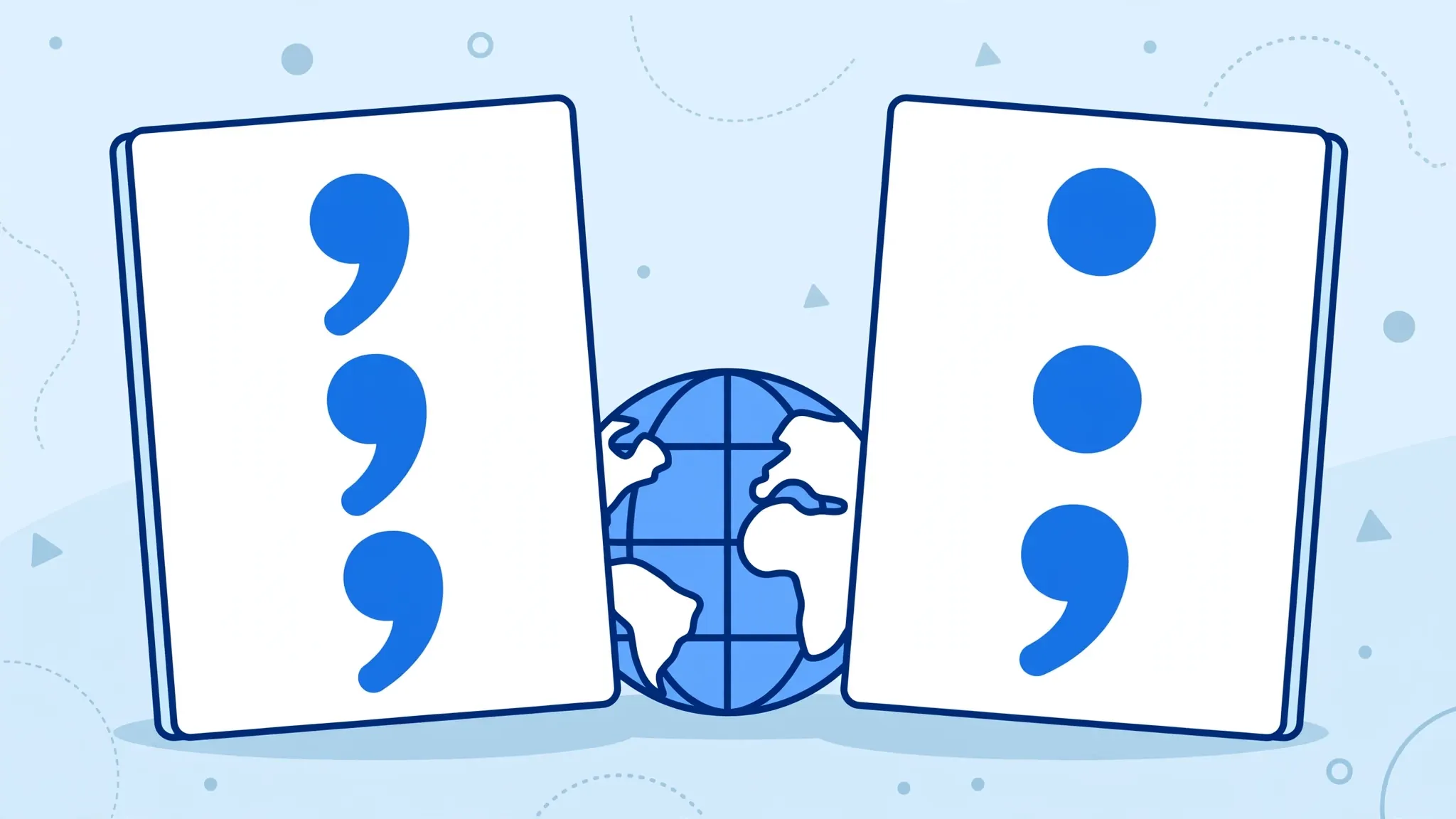 Two documents side by side before a globe, one showing commas and one showing semicolons