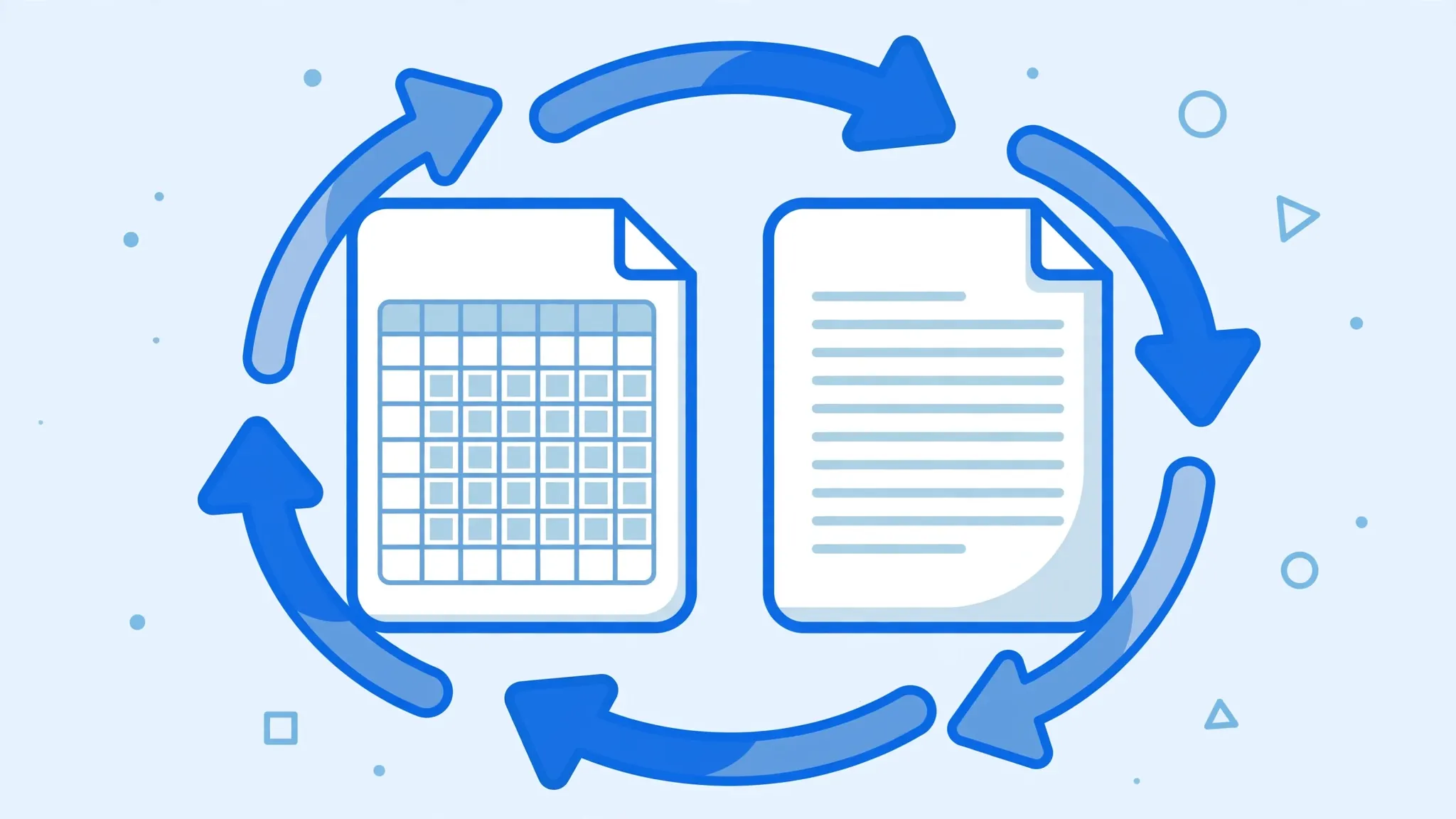 Circular sync arrows around a spreadsheet and text file pair, keeping Excel and CSV versions in sync safely