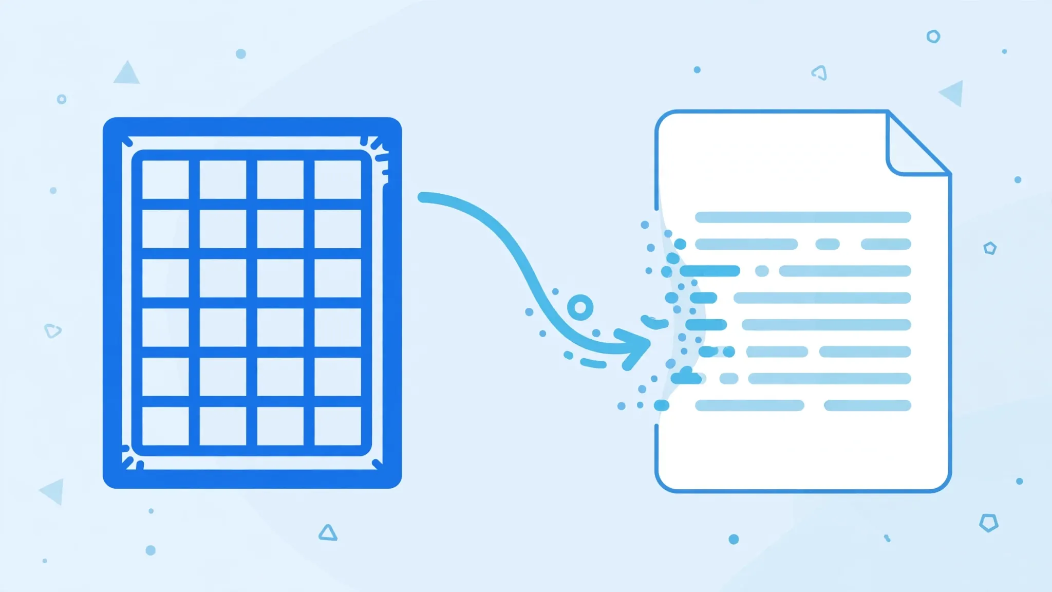 Document morphing from a blue spreadsheet into a plain white text file, showing Excel to CSV conversion losses