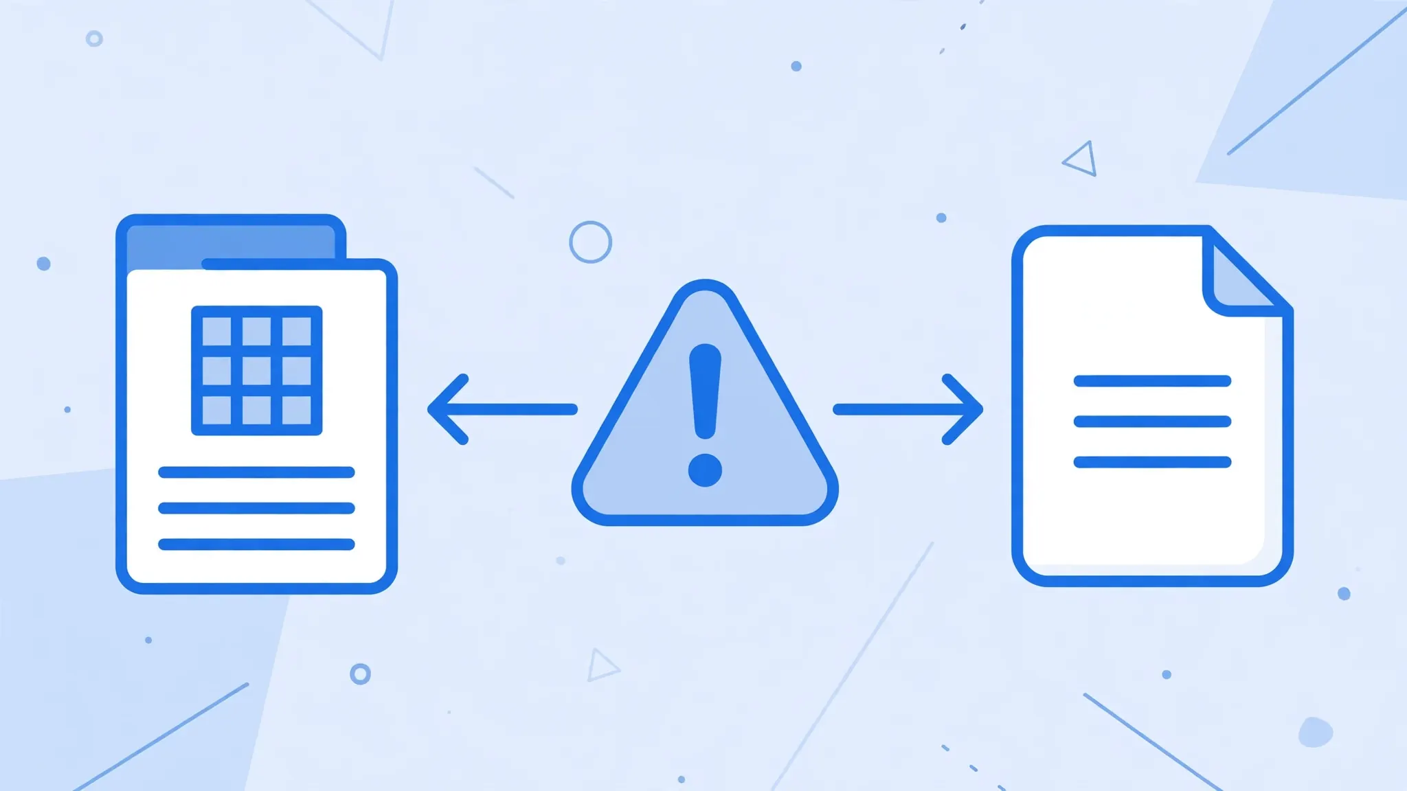 Warning triangle with two-way conversion arrows between spreadsheet and text file icons, the risks of xlsx to csv round trip