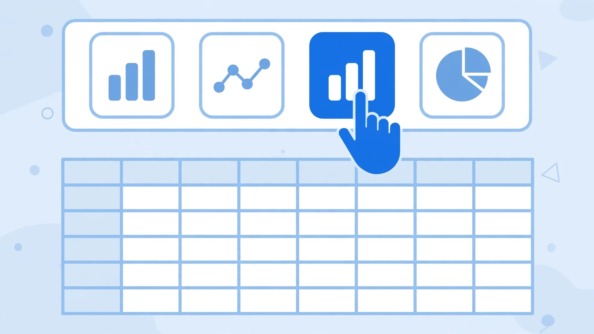 Hand cursor selecting a chart type from a toolbar above a spreadsheet, illustrating choosing the right Excel chart