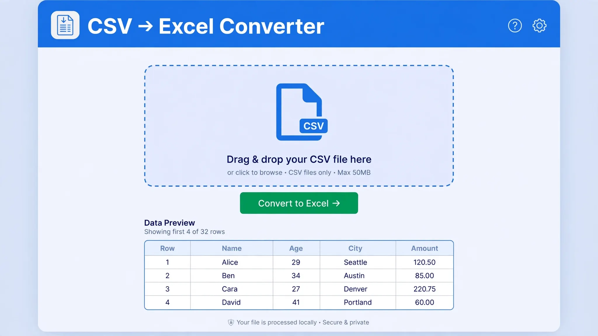 The csvtoexcel.site converter interface with drag-and-drop upload zone and convert button