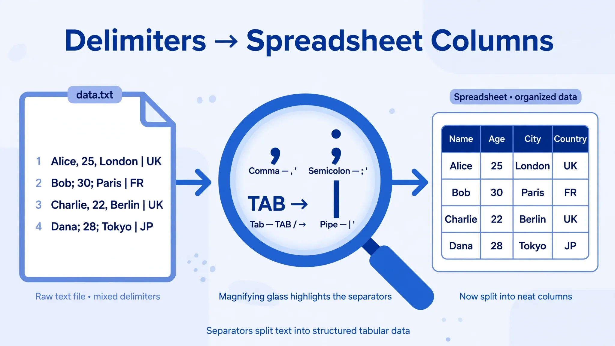 Diagram showing comma, semicolon, tab and pipe delimiters being detected and split into spreadsheet columns