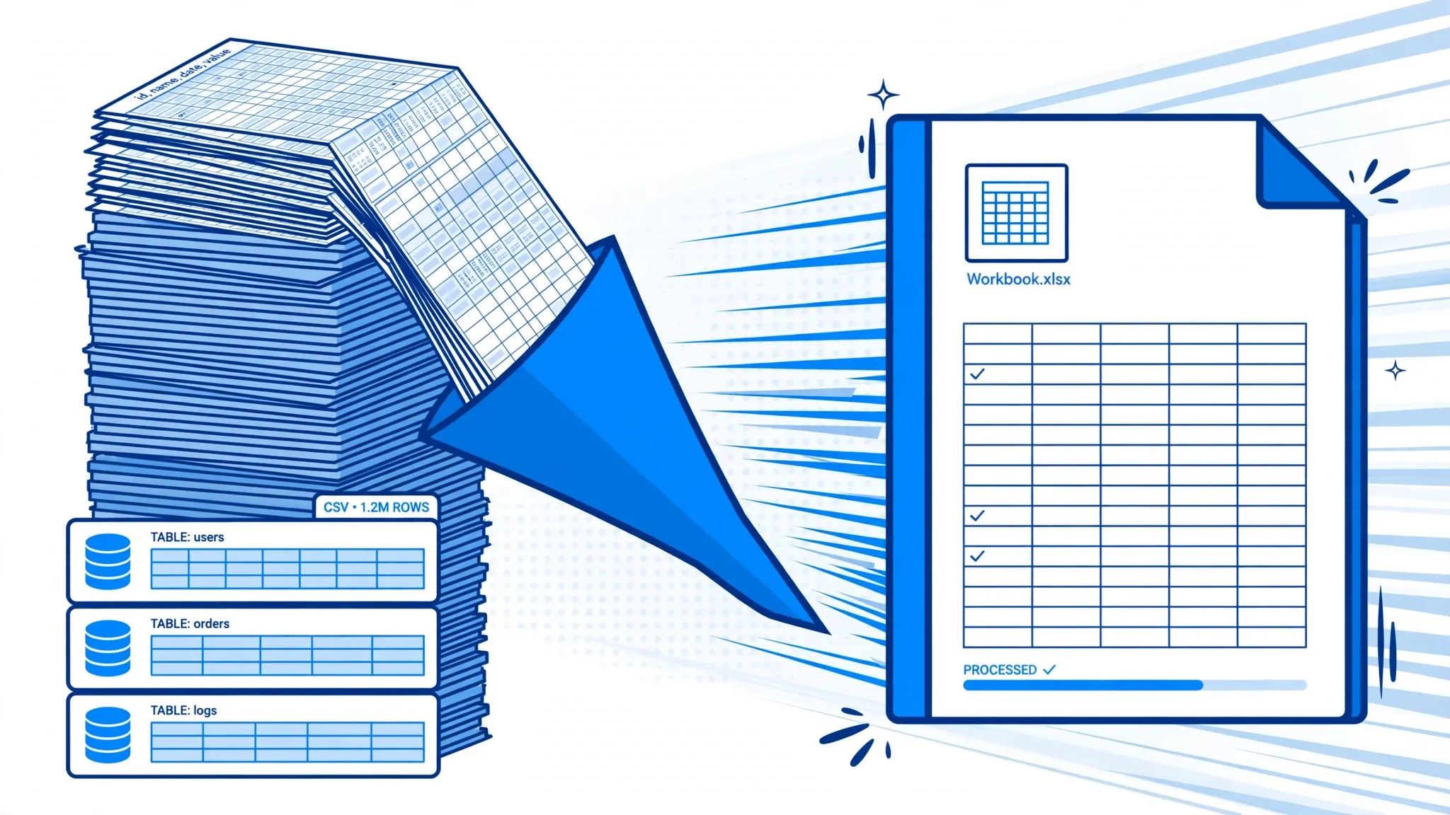 Large stacks of data rows being funneled into a single Excel workbook, illustrating big CSV file conversion