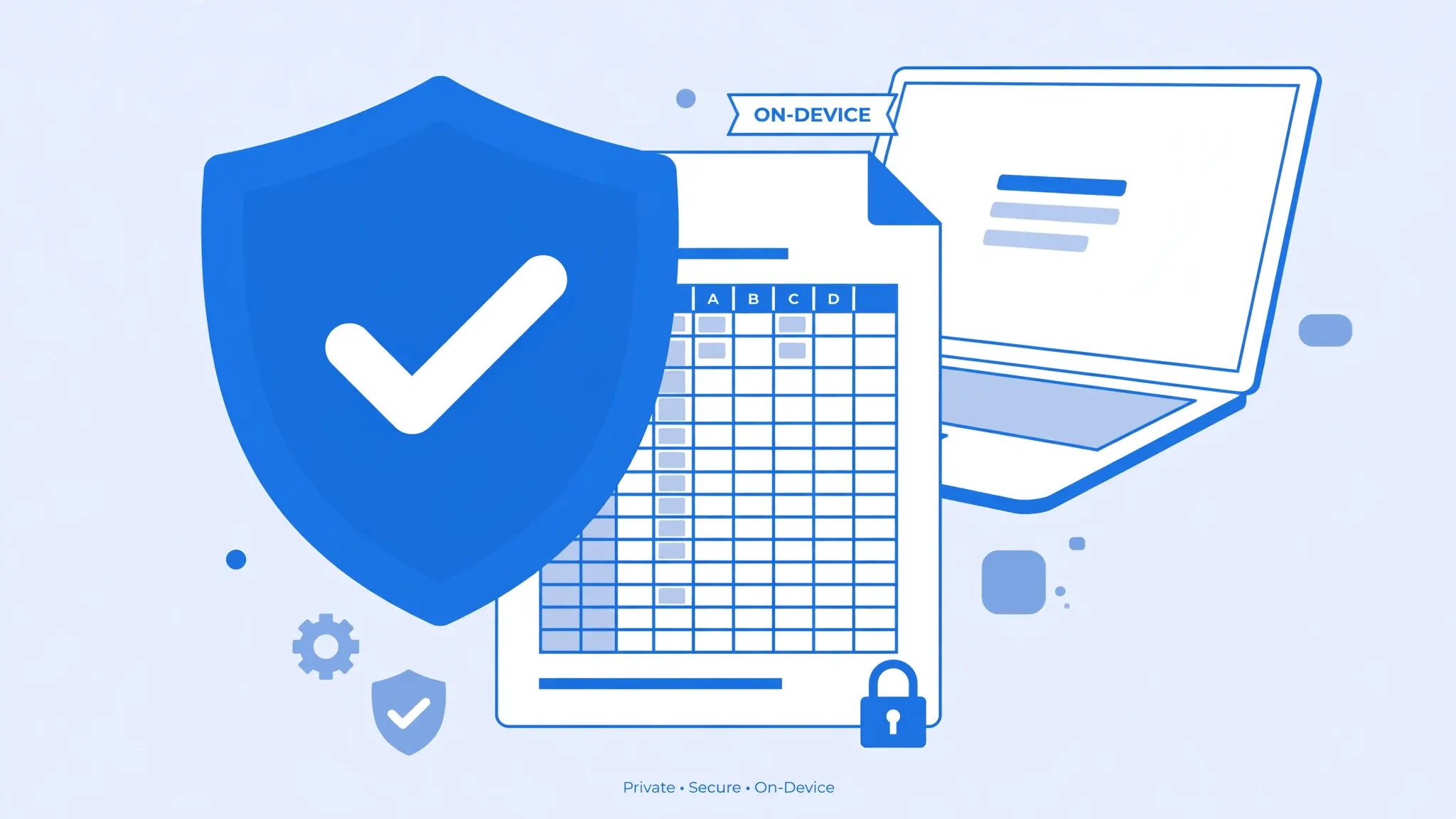 Shield with checkmark protecting a spreadsheet, illustrating that converted files never leave the user's device