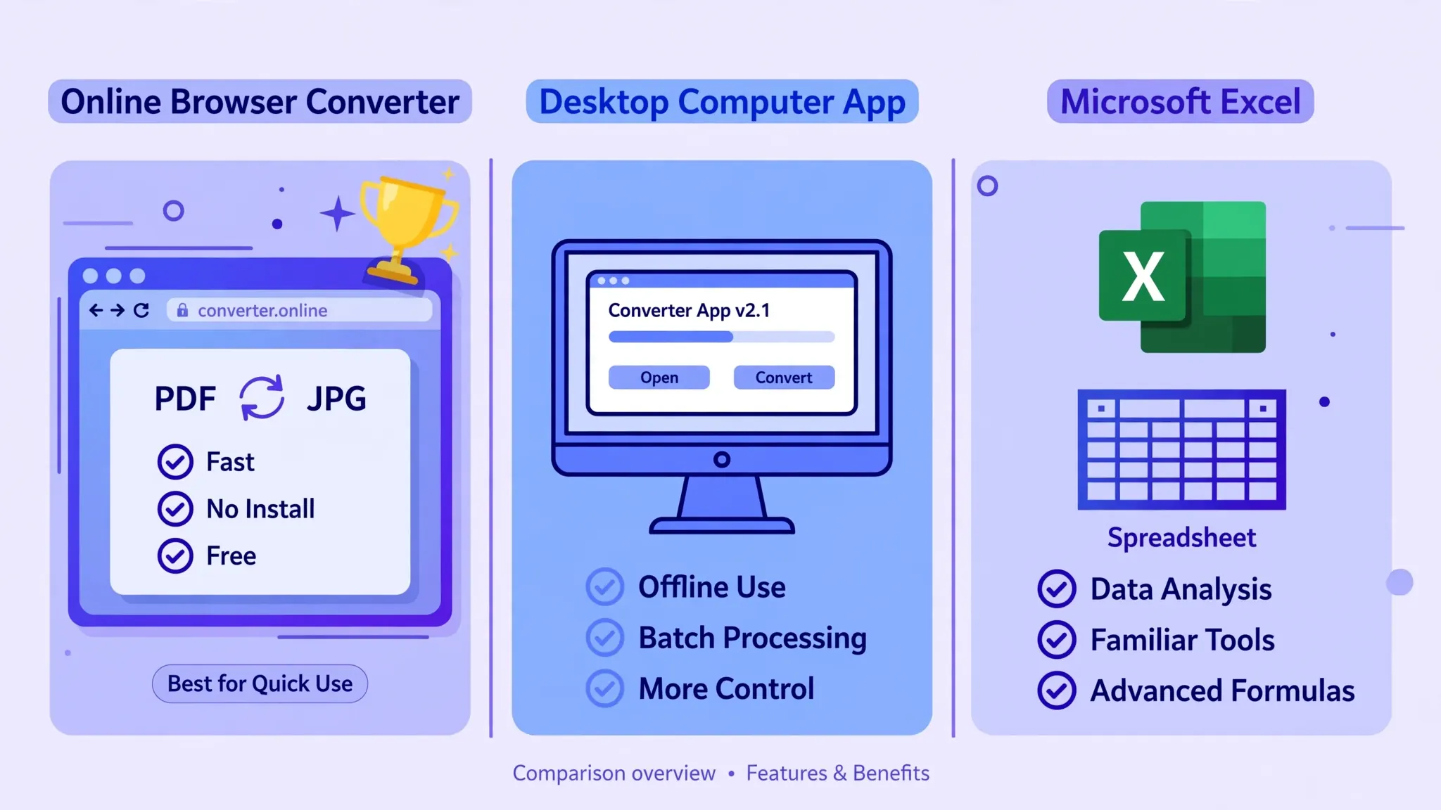 Comparison of online, desktop, and Excel built-in CSV conversion methods with the online converter rated best