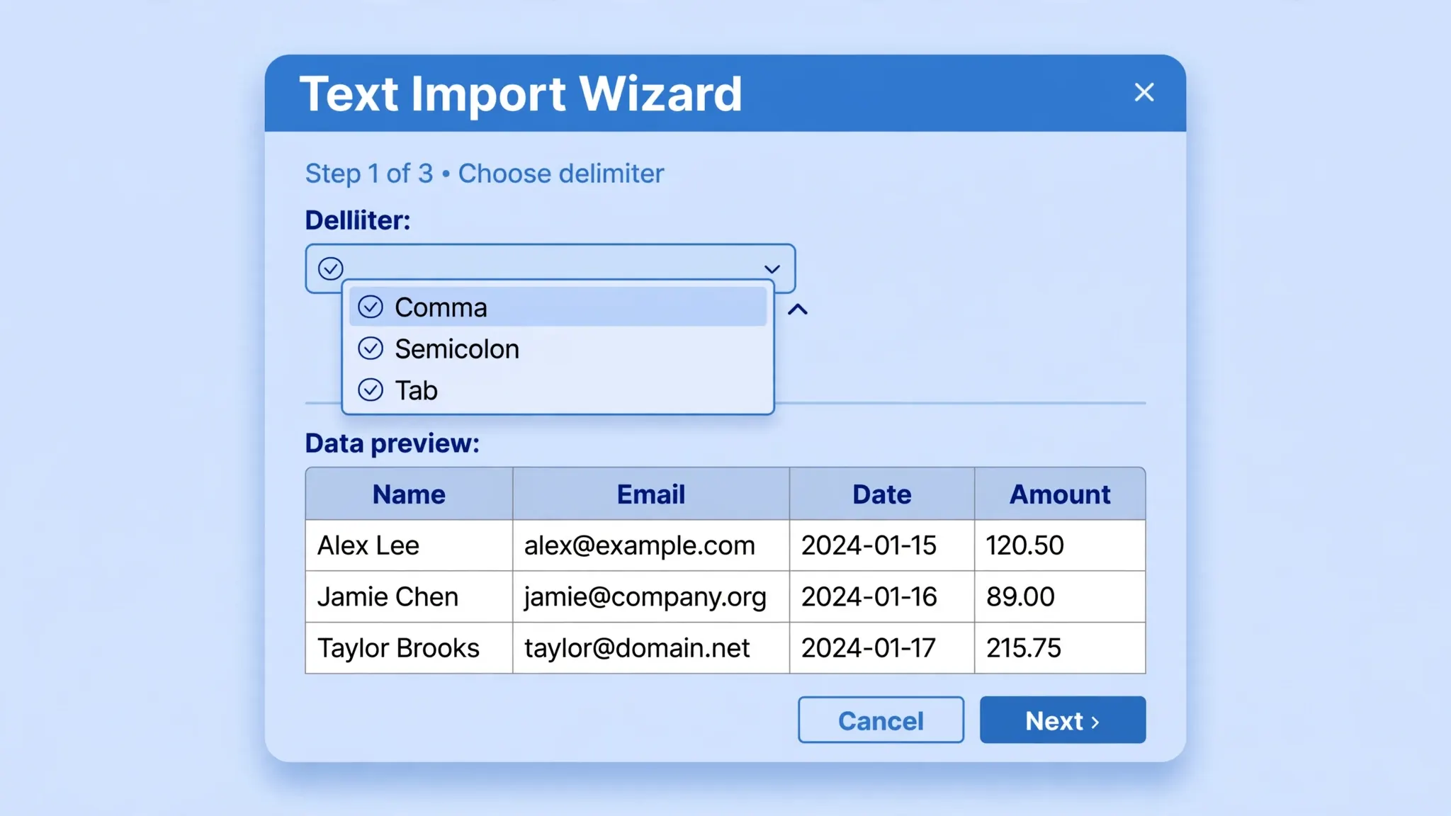 Excel Text Import Wizard dialog with delimiter options and a data preview grid
