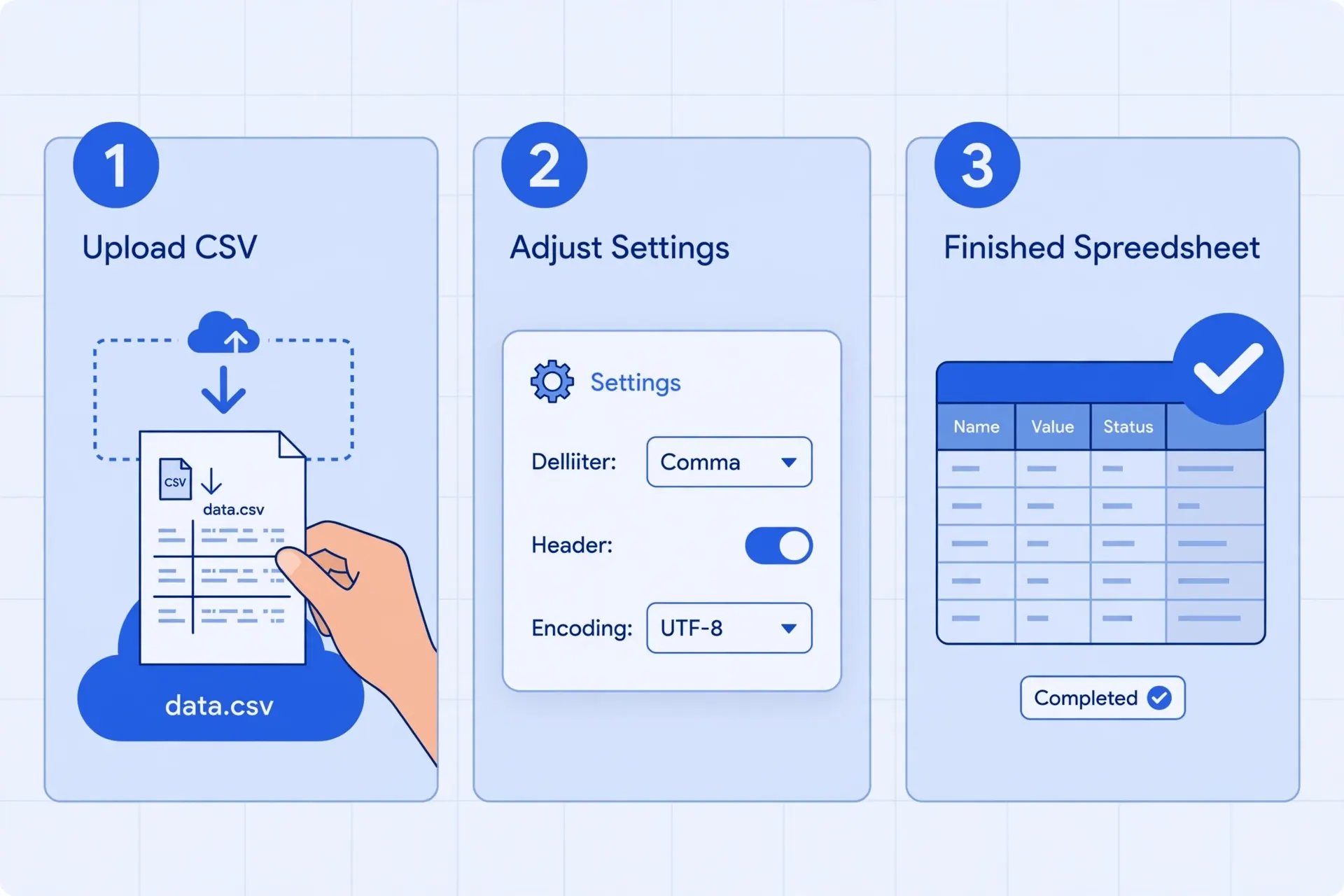 Three tutorial steps for converting CSV to Excel: upload the file, adjust settings, download the workbook