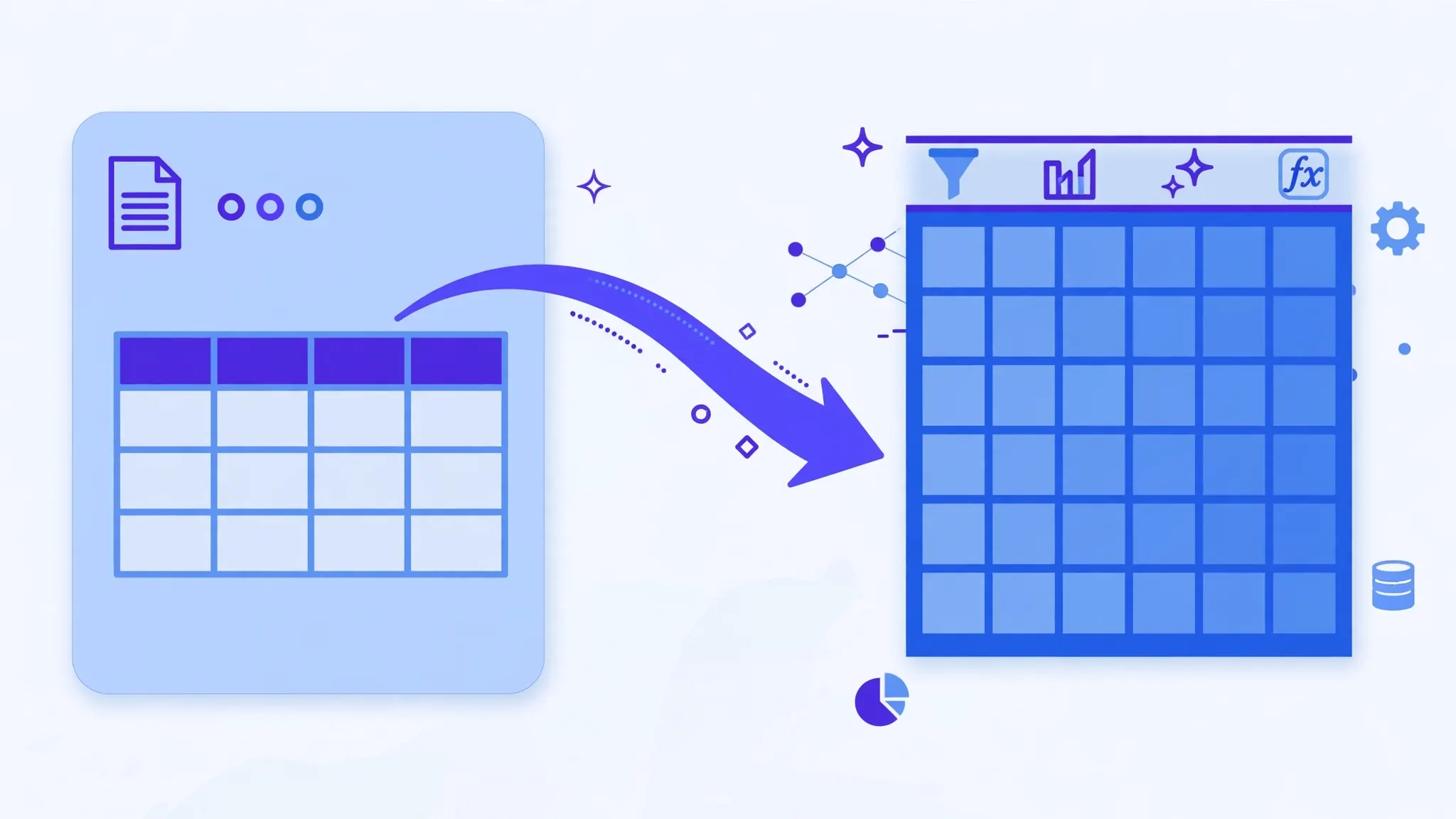 Word processor document page with a data table flowing through a curved arrow into a blue spreadsheet grid