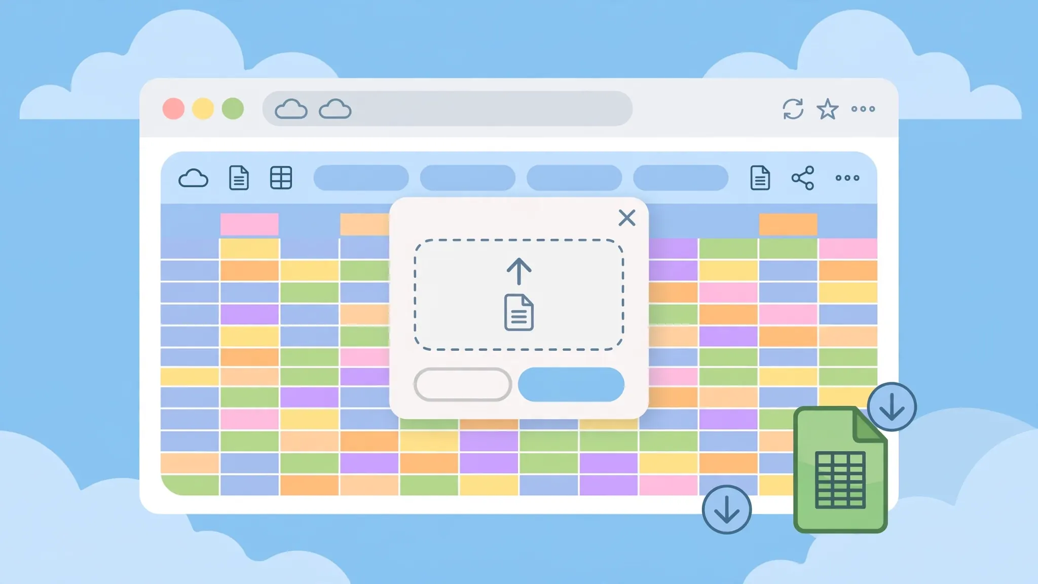 Zoho Sheet cloud spreadsheet in a browser importing a CSV file with an XLSX download option
