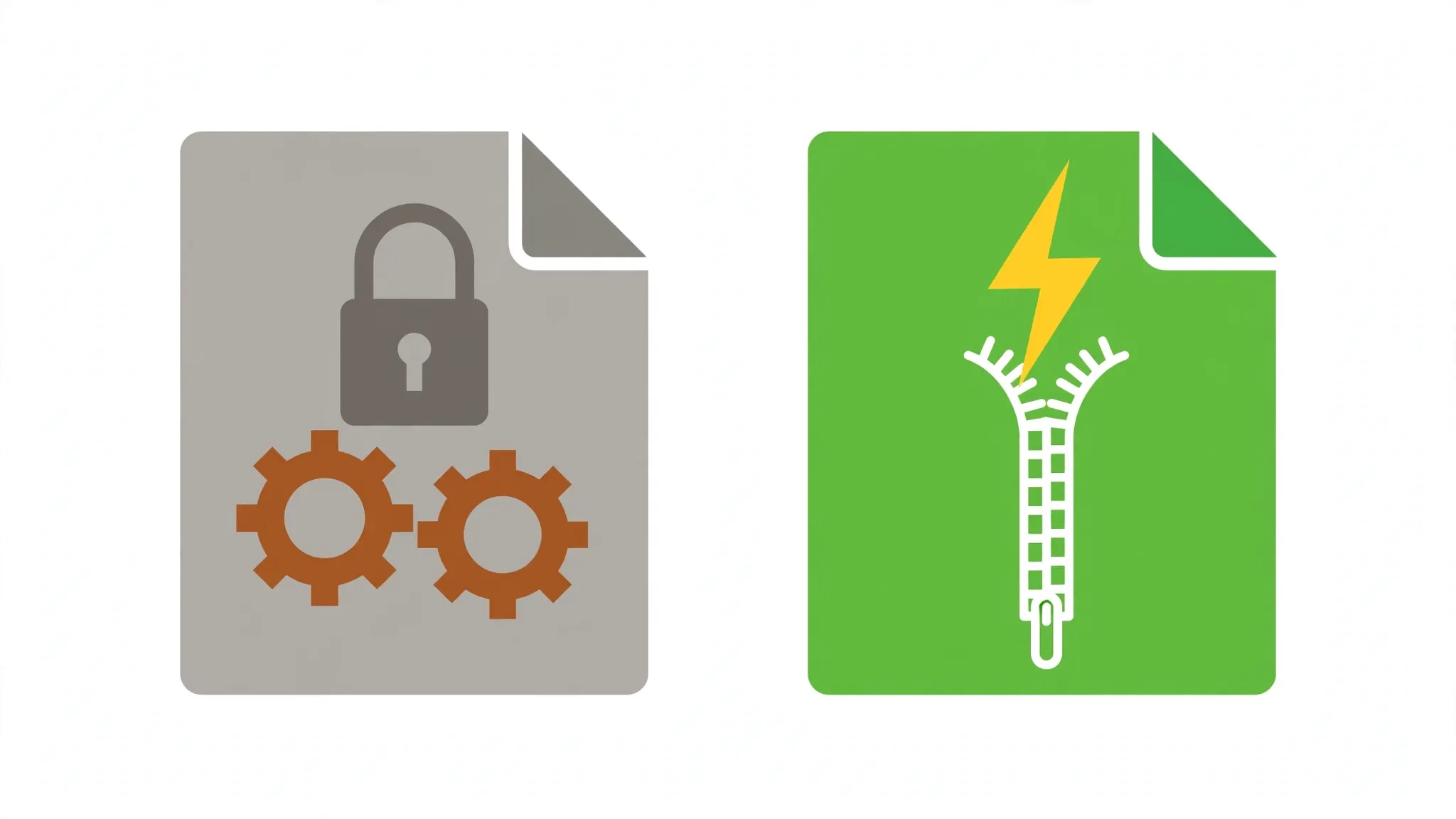 Old gray file icon with gears versus a modern green file icon with a zipper motif, illustrating the XLSX vs XLS difference