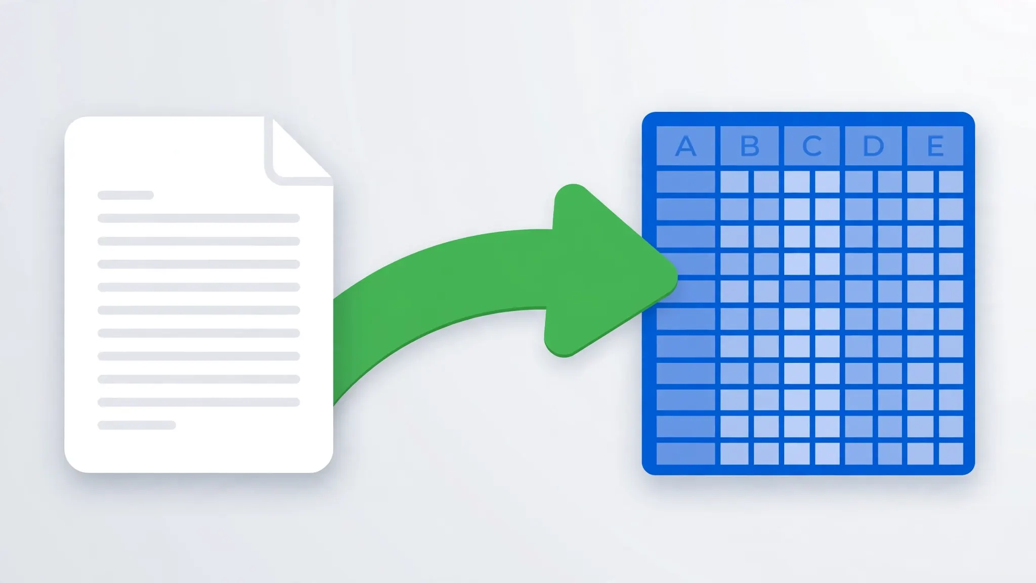 Illustration of a CSV document transforming through a green arrow into a blue Excel spreadsheet grid