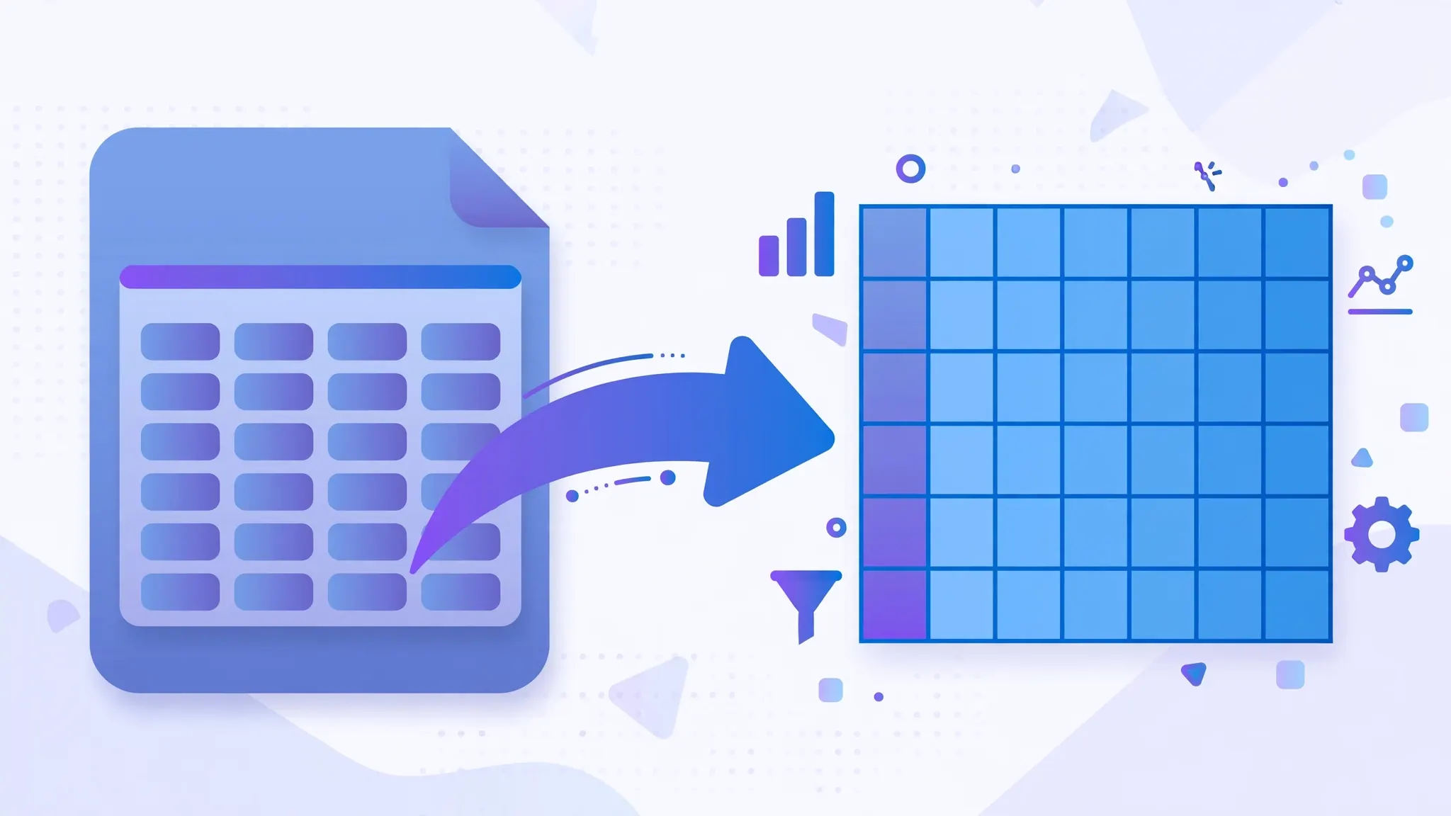PDF document page with a data table transforming into a spreadsheet grid, illustrating the PDF format's structure