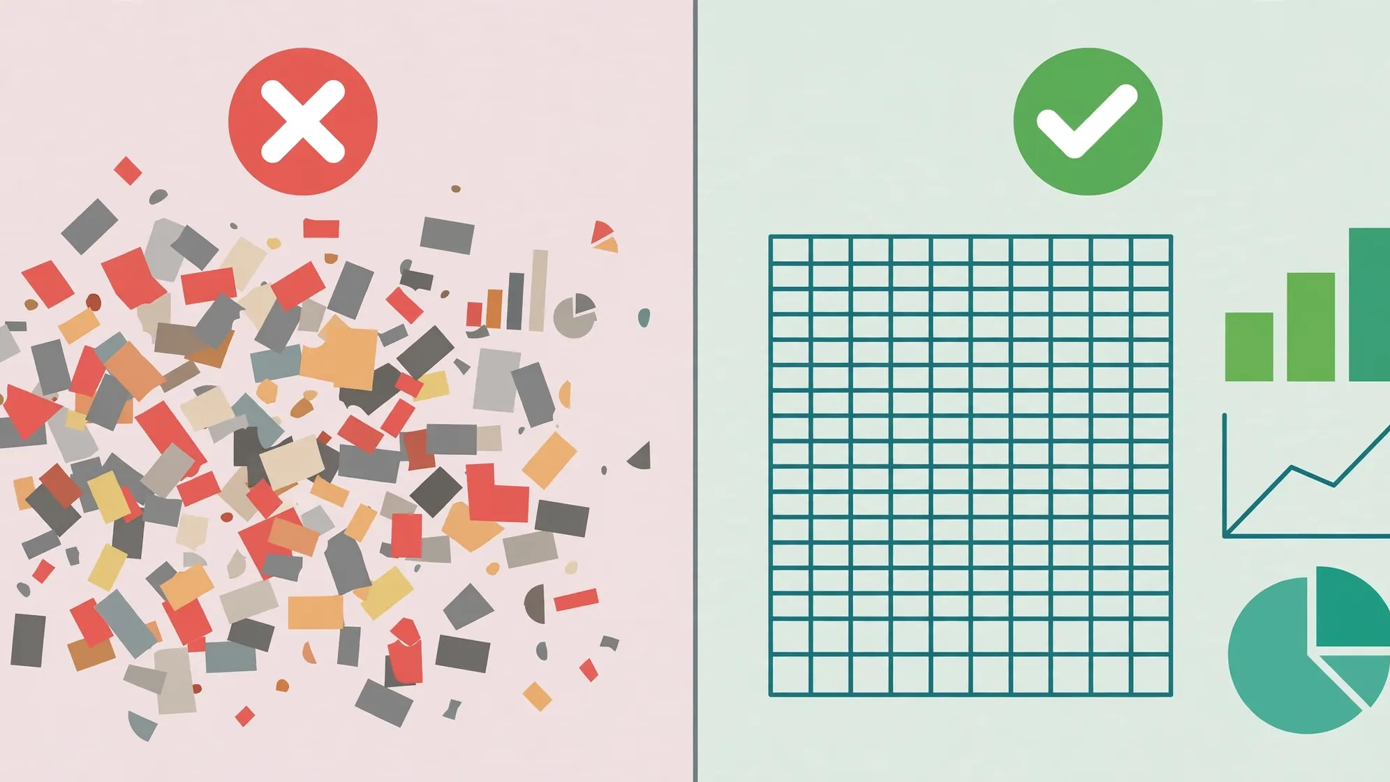 Split-screen comparison of a messy chaotic spreadsheet versus a clean organized one, illustrating spreadsheet best practices