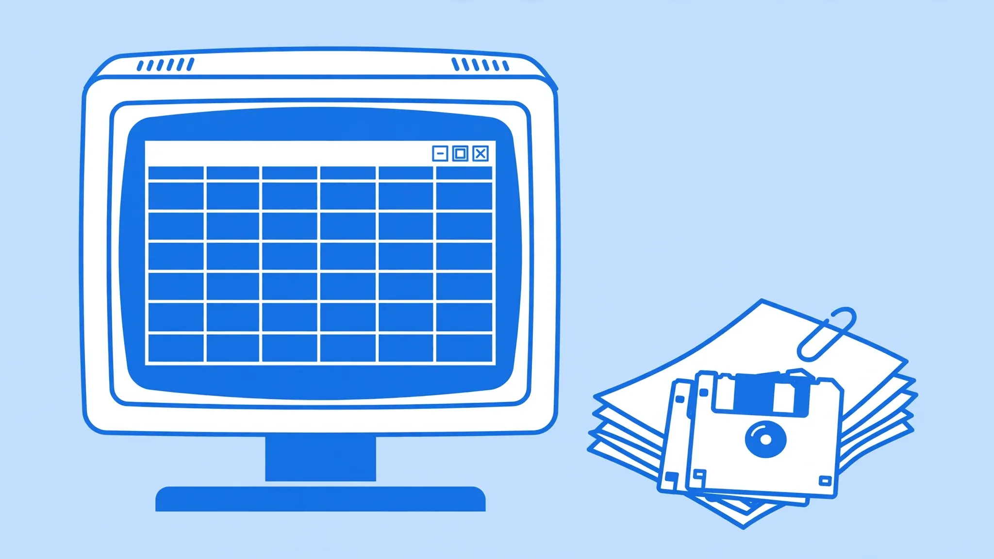 Flat vector illustration of a retro desktop monitor displaying a classic spreadsheet with an old-fashioned window frame