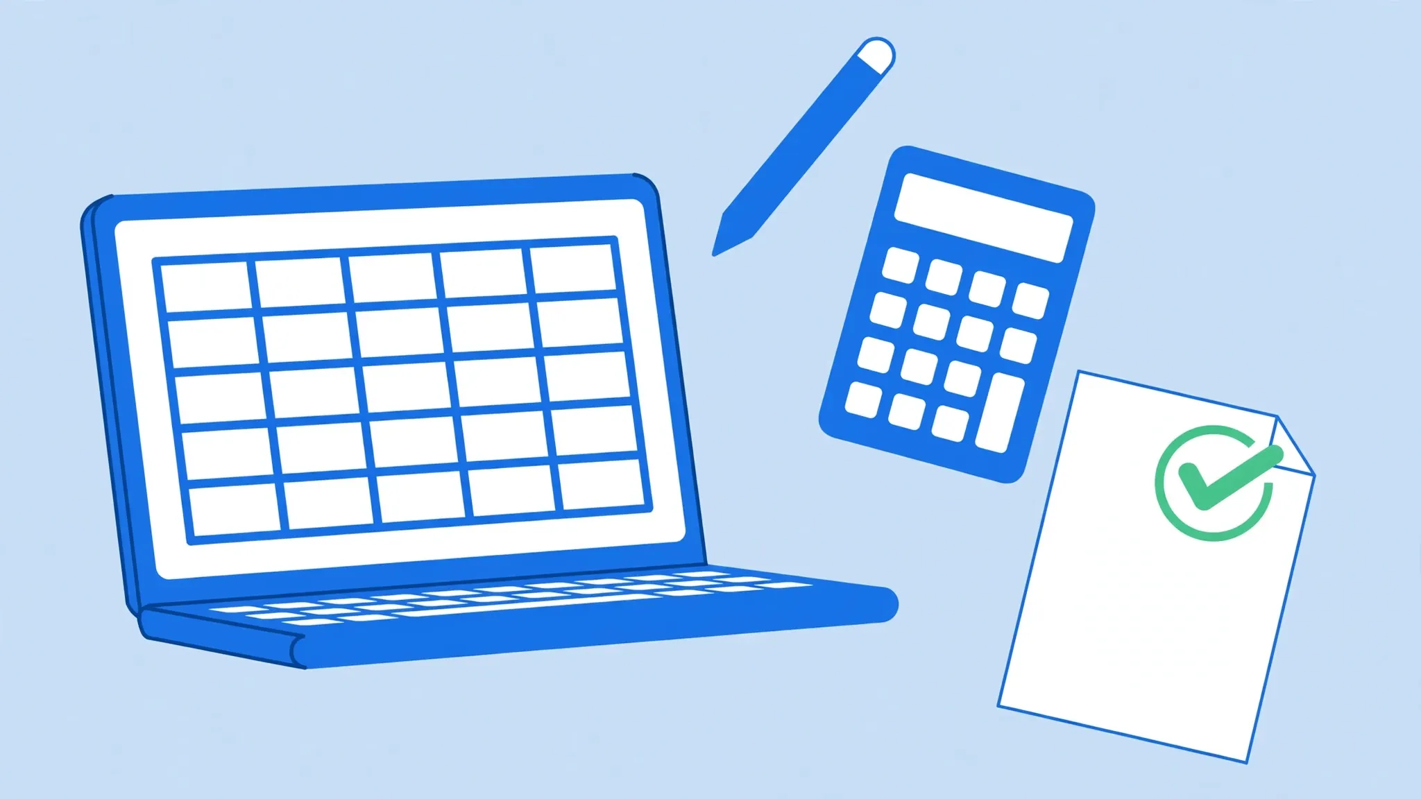 Flat vector illustration of a laptop with a spreadsheet, pencil, calculator, and a document stamped with a checkmark