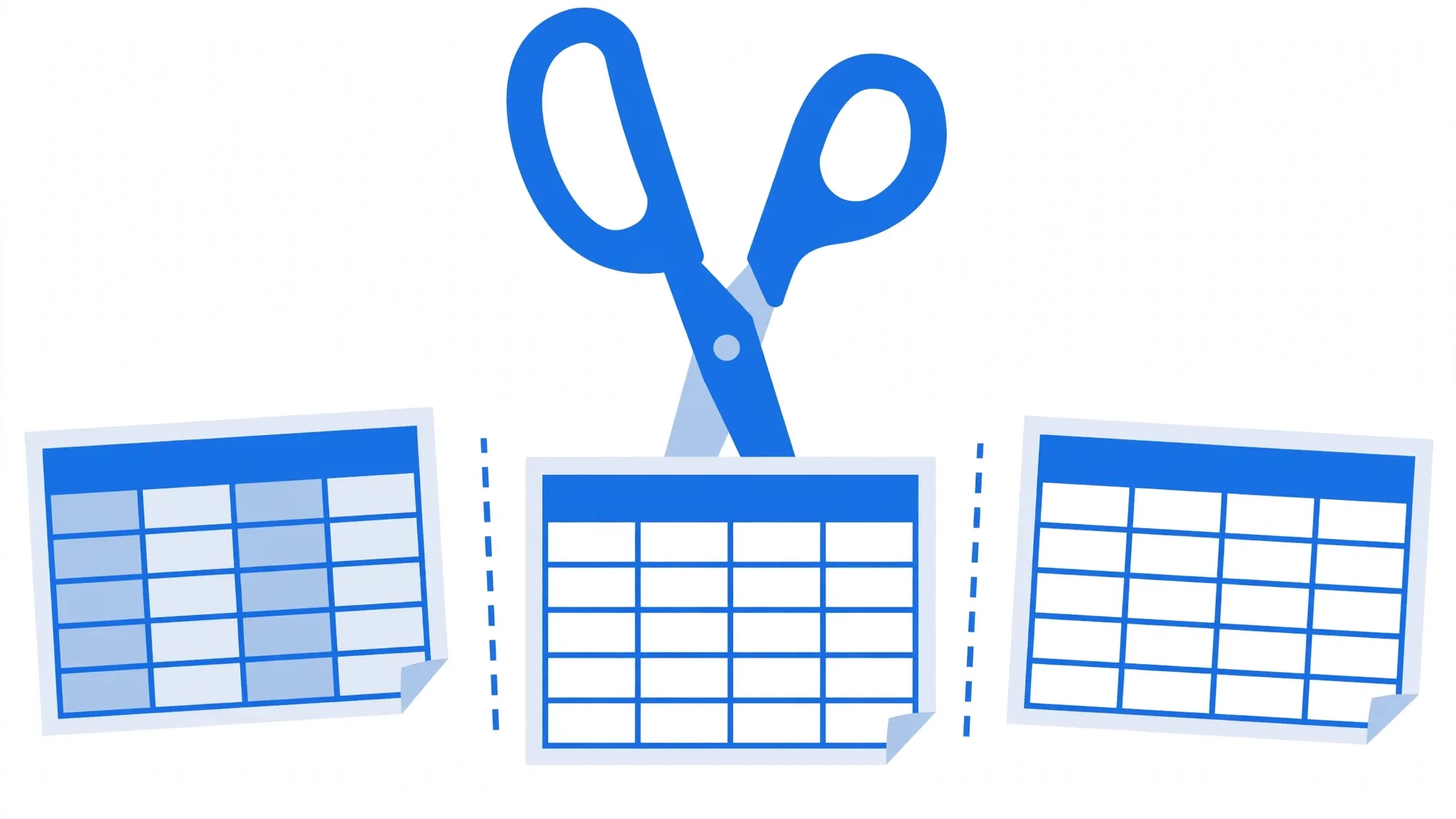 Scissors cutting a long CSV spreadsheet into smaller separate Excel files