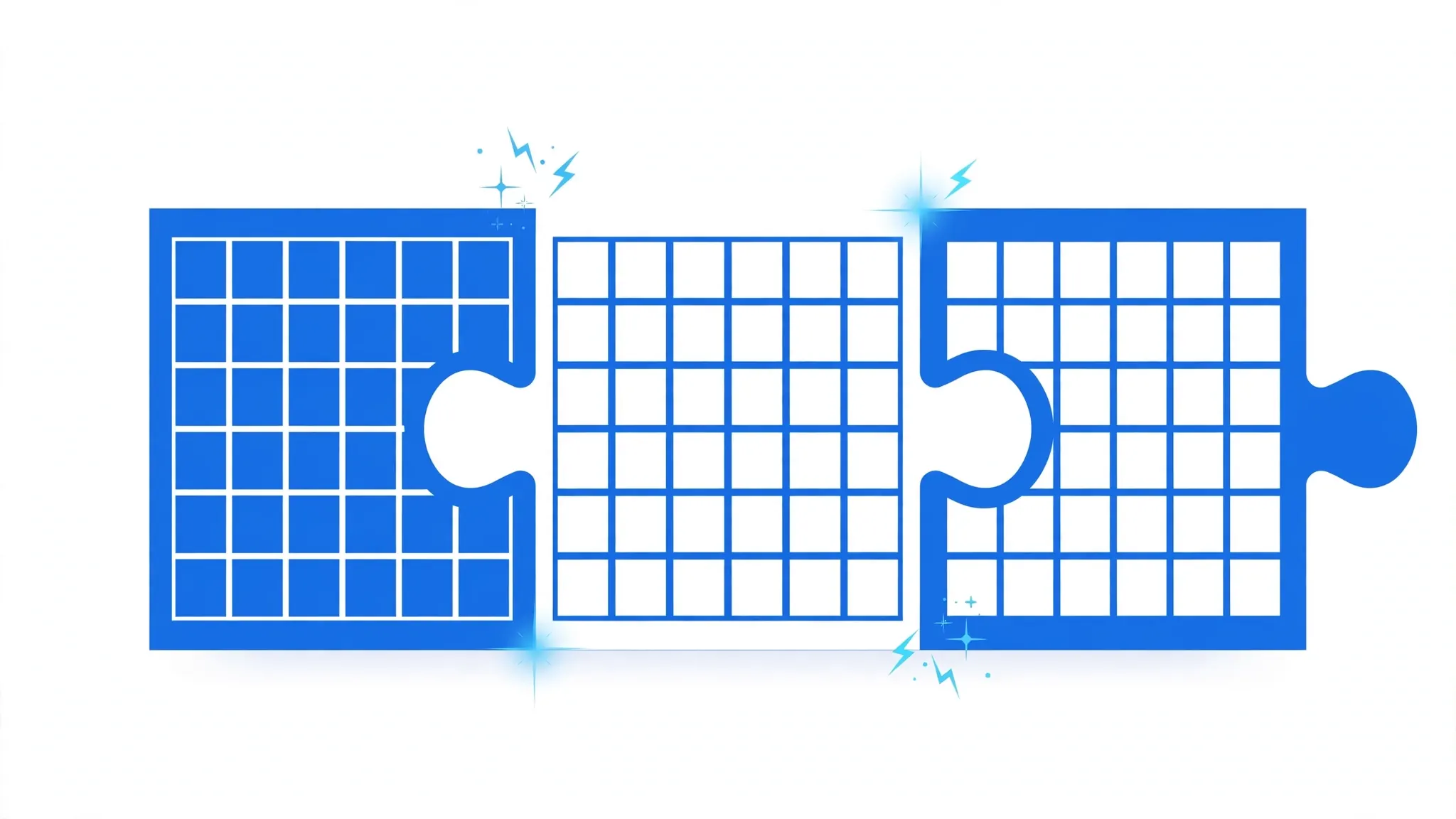 Three spreadsheet puzzle pieces interlocking to form one complete Excel sheet