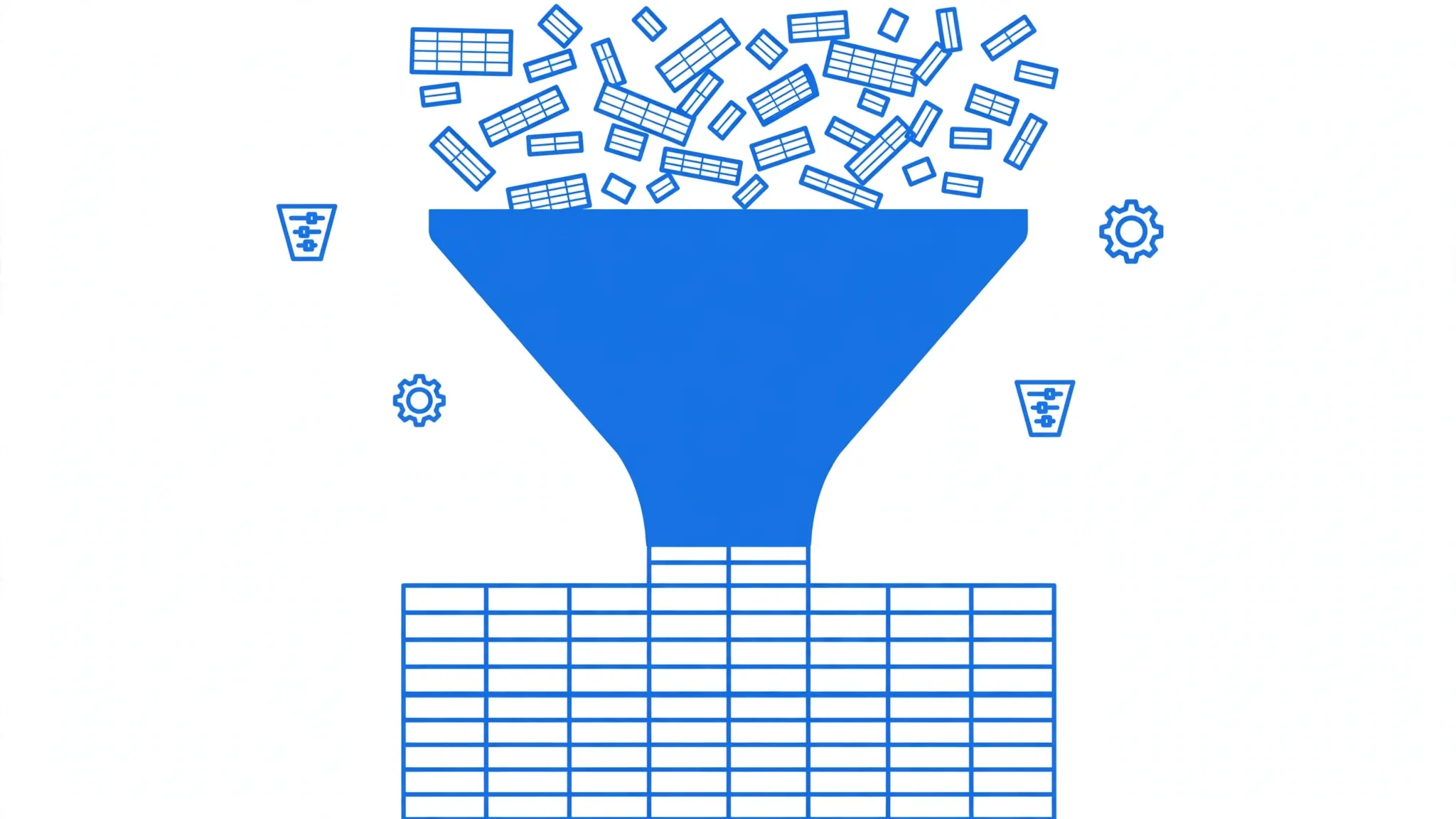A funnel transforming messy raw CSV rows into a clean organized Excel table with Power Query