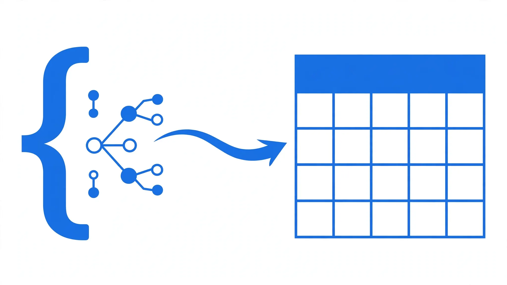 Flat vector illustration showing JSON curly brackets with data nodes transforming into a neat blue spreadsheet grid