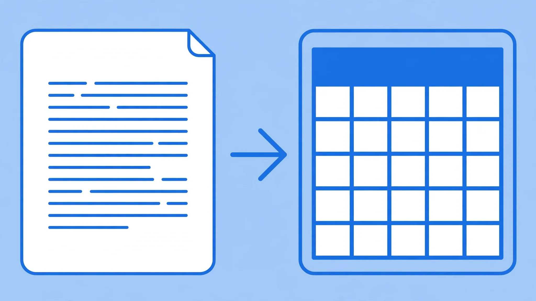 Plain text document with line glyphs flowing through a conversion arrow into a structured spreadsheet