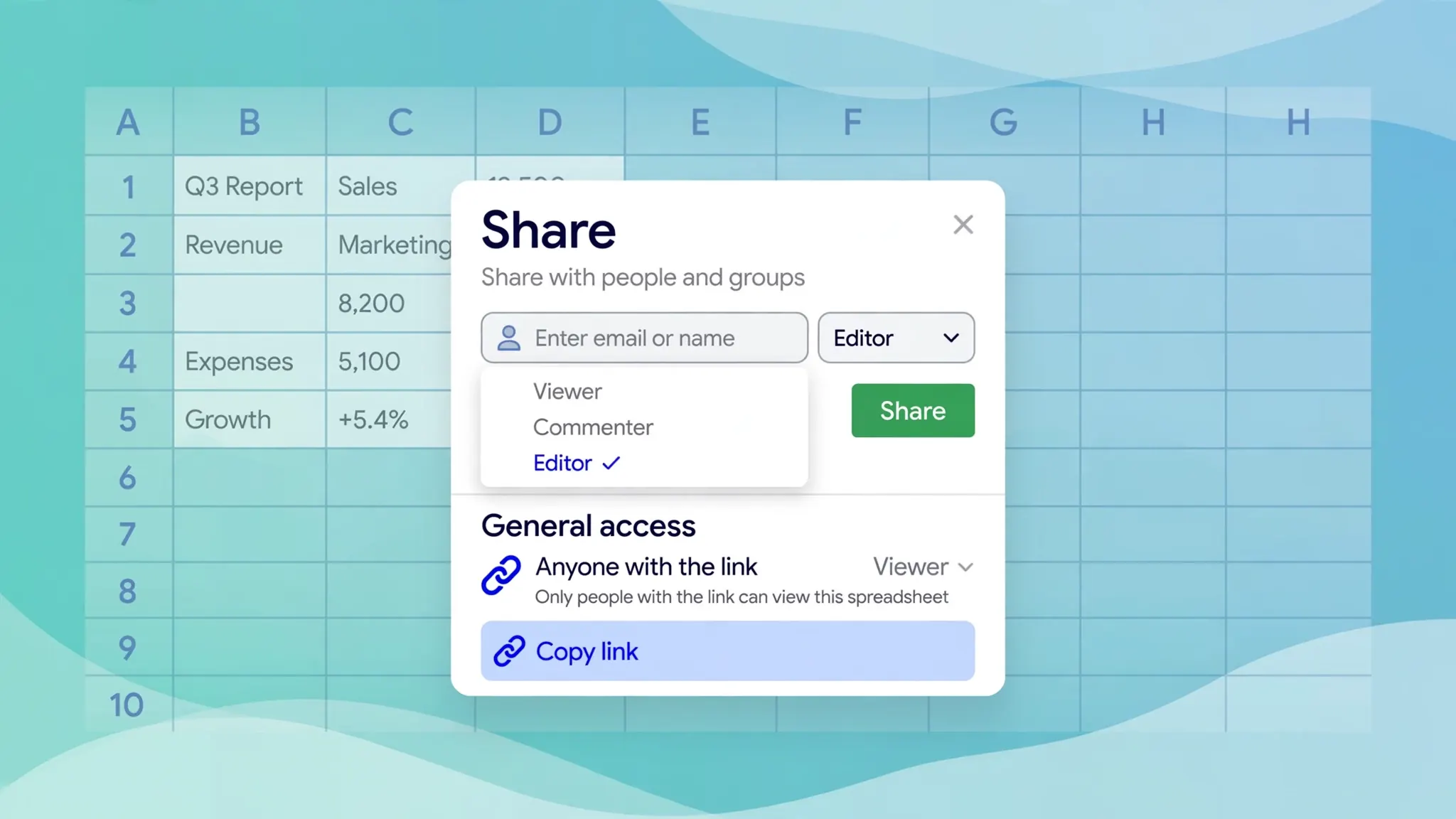 Illustration of the Google Sheets Share dialog showing an email field and a Viewer, Commenter, Editor role dropdown over a spreadsheet grid