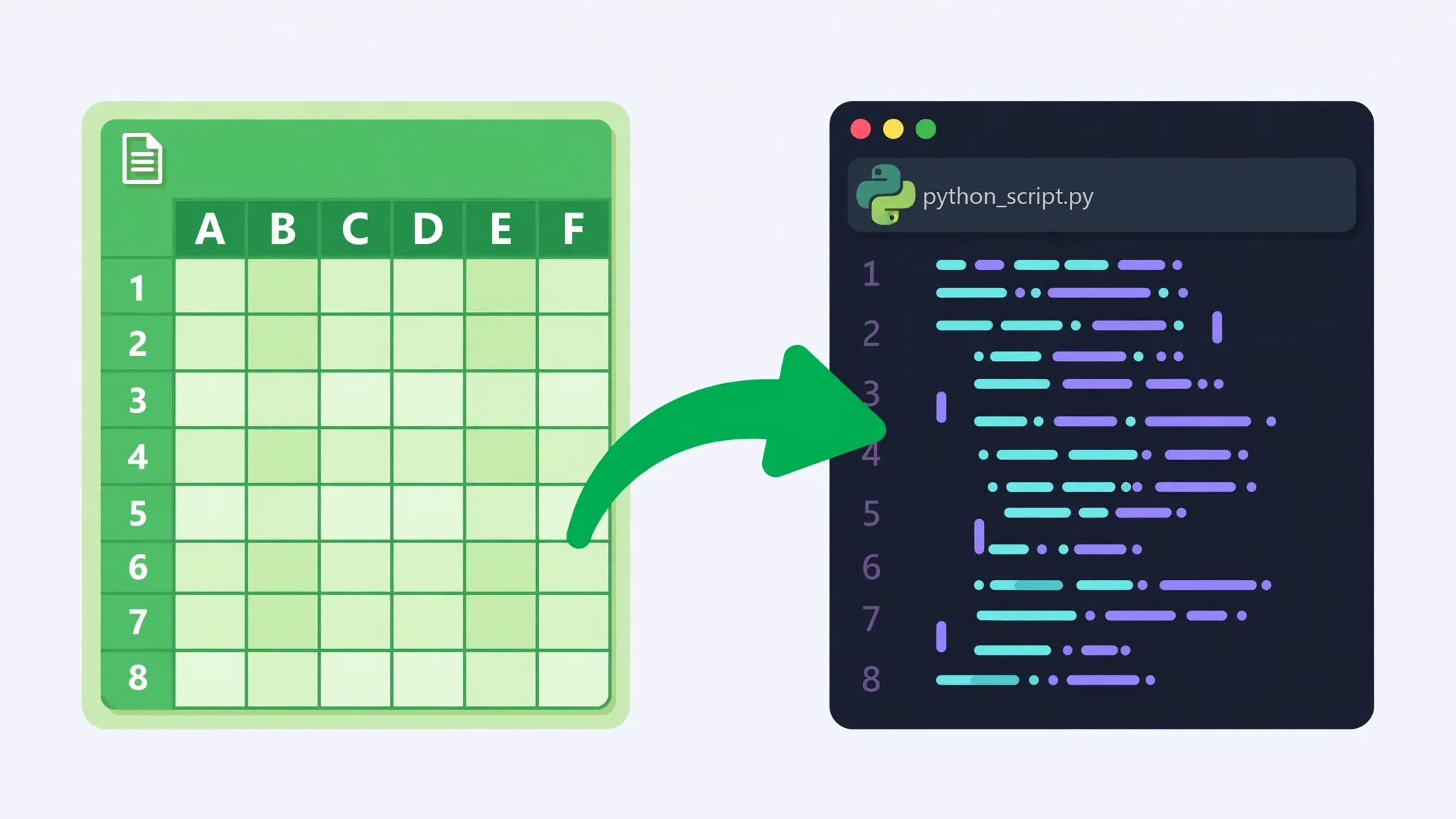 Flat vector illustration of an Excel spreadsheet grid with an arrow to a code and data tools panel representing the analytics upgrade path