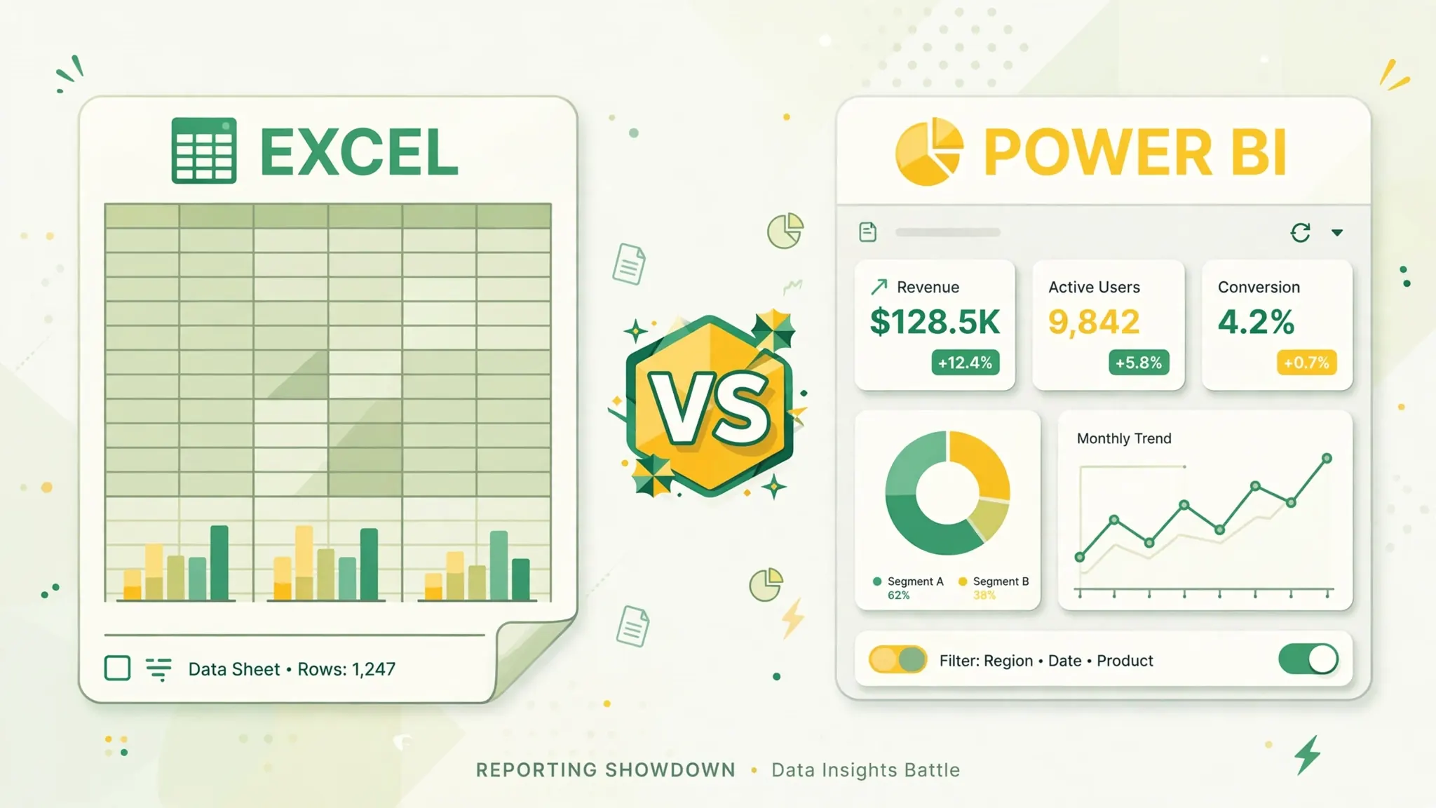 Flat vector illustration comparing an Excel spreadsheet with charts against a Power BI style interactive dashboard with KPI cards
