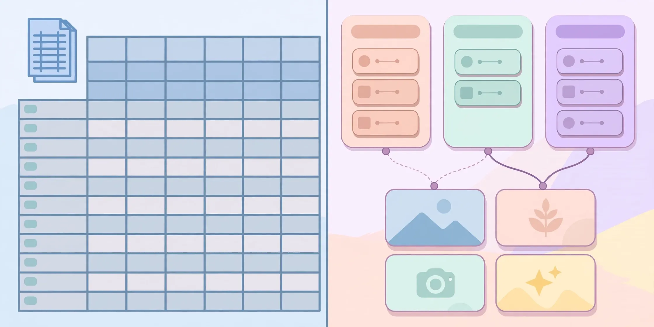 Split-screen comparison: classic spreadsheet grid versus modern kanban cards and gallery views with linked records