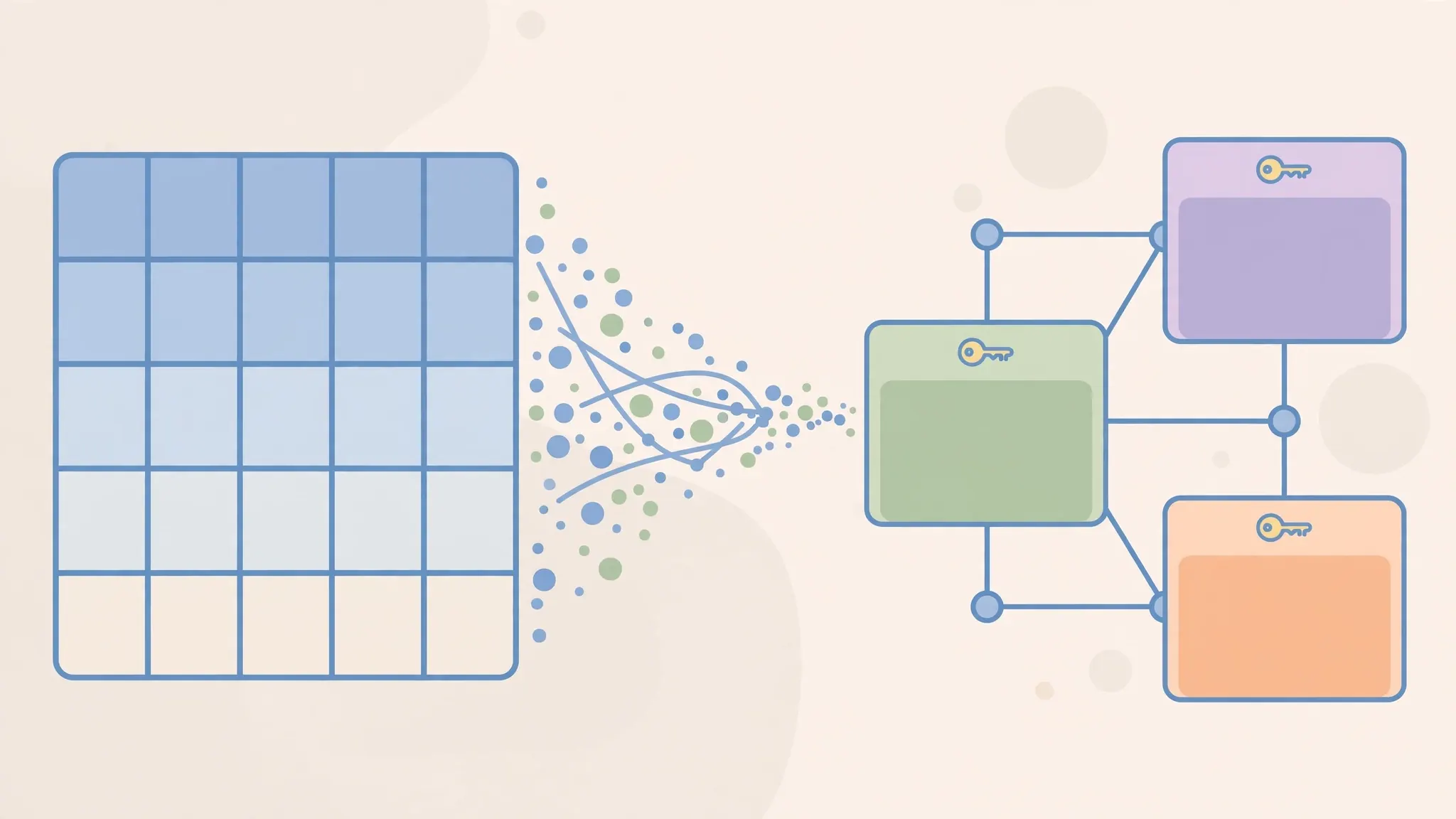 Spreadsheet grid on the left transforming into connected database tables with relationship lines and key icons on the right