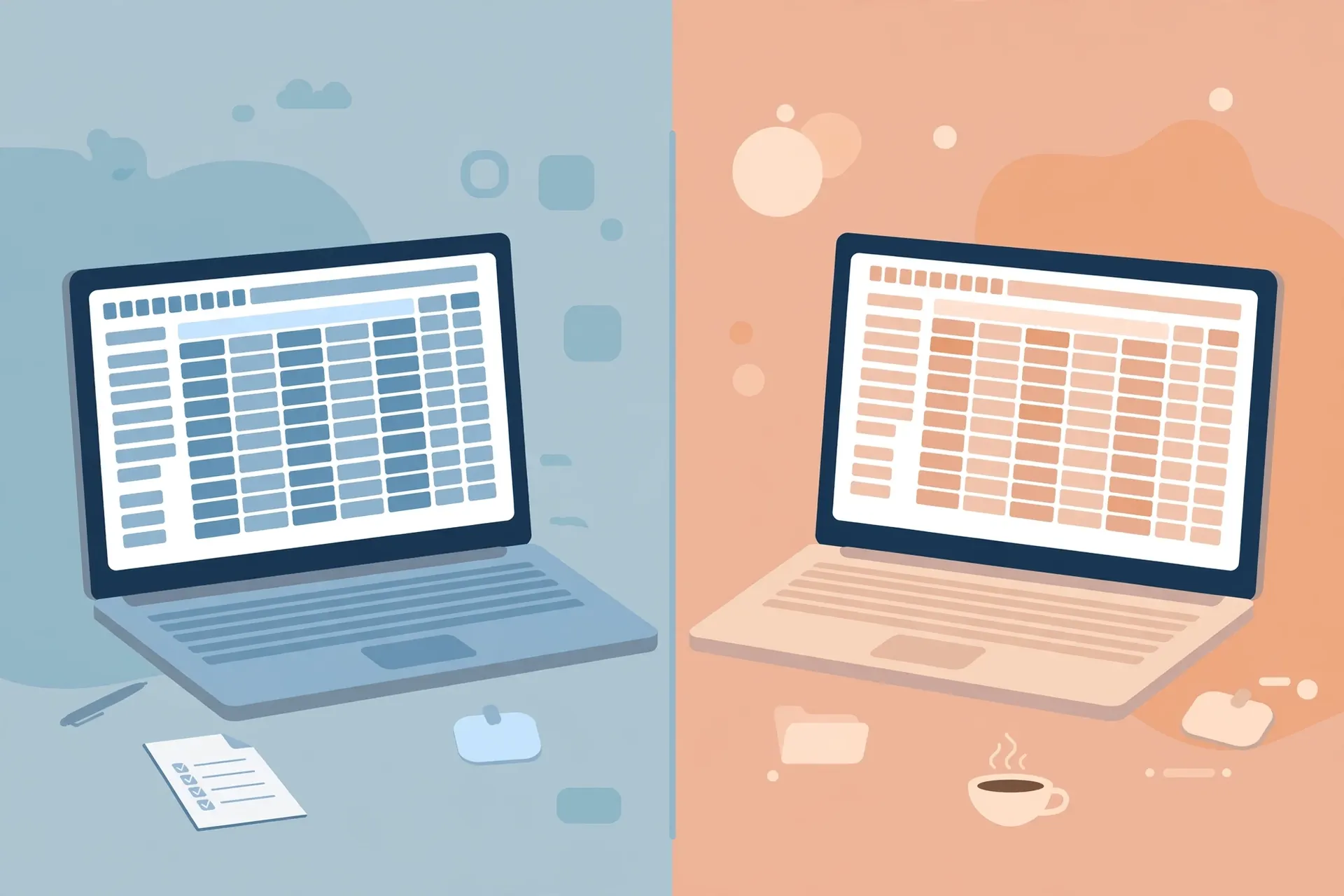 Split-screen comparison of two office suites' spreadsheet apps on laptops facing each other