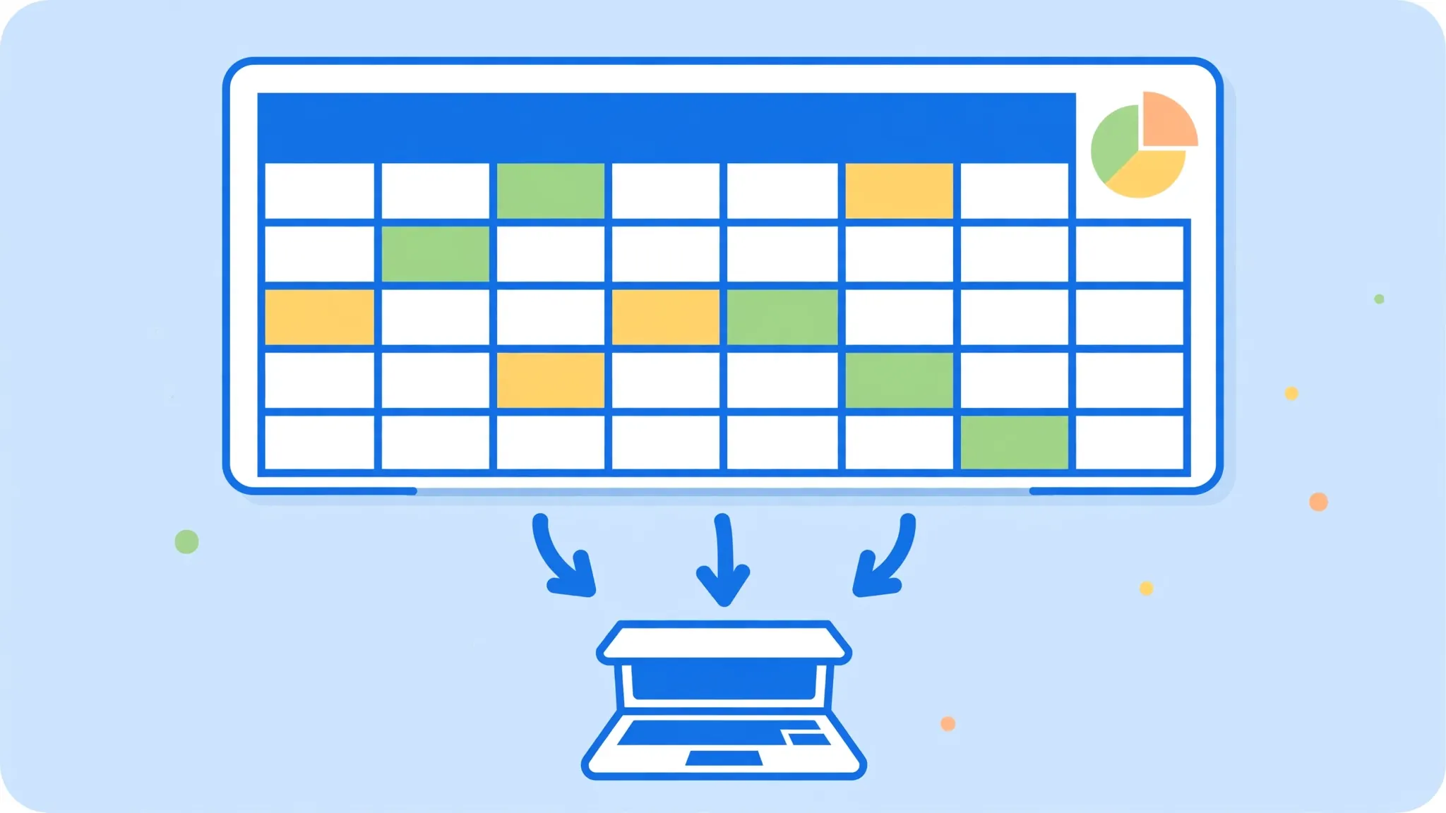 Flat vector illustration of a colorful spreadsheet grid with a chart and arrows pointing into a laptop