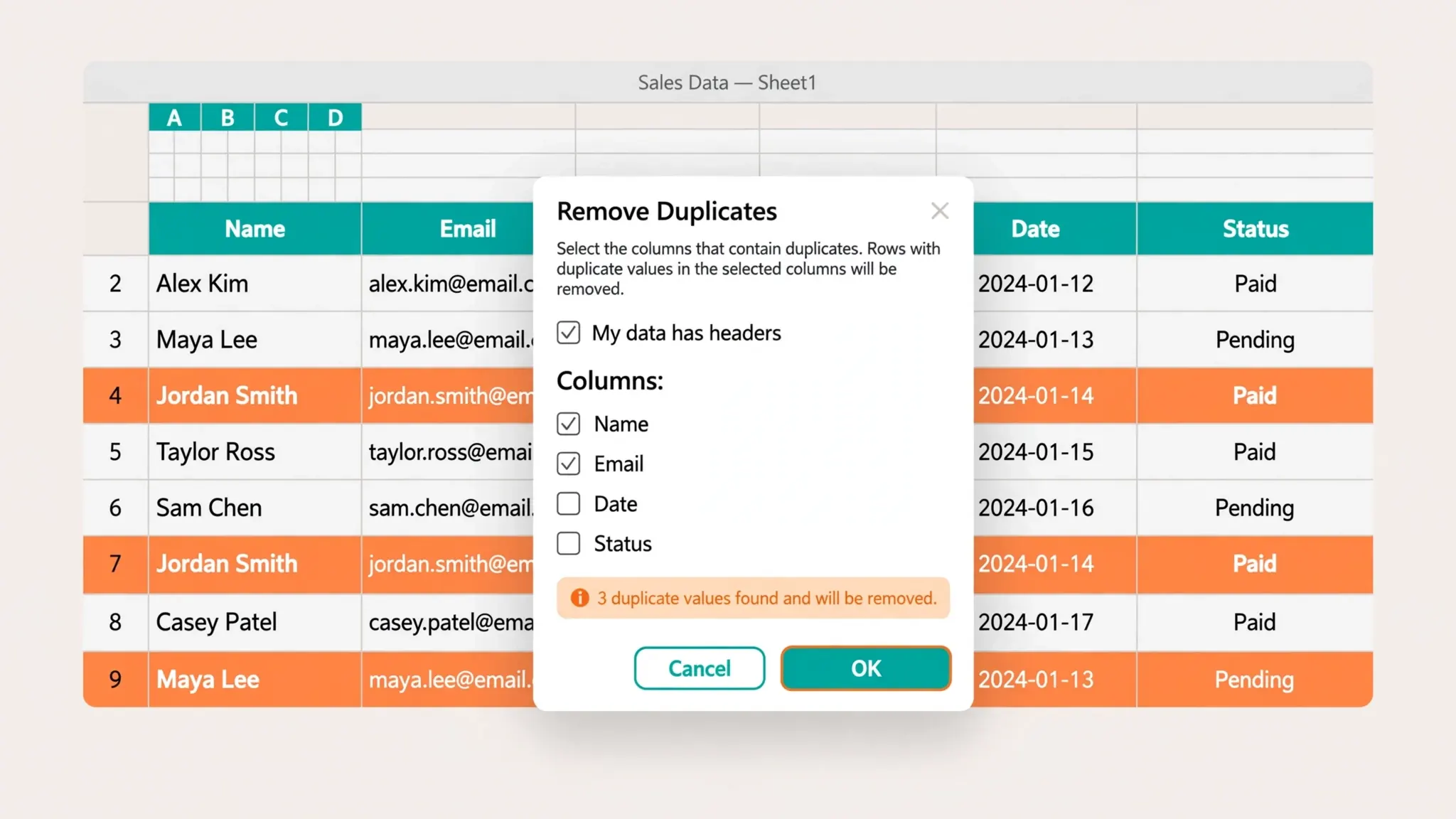 Illustration of the Remove Duplicates dialog with duplicate rows highlighted in orange