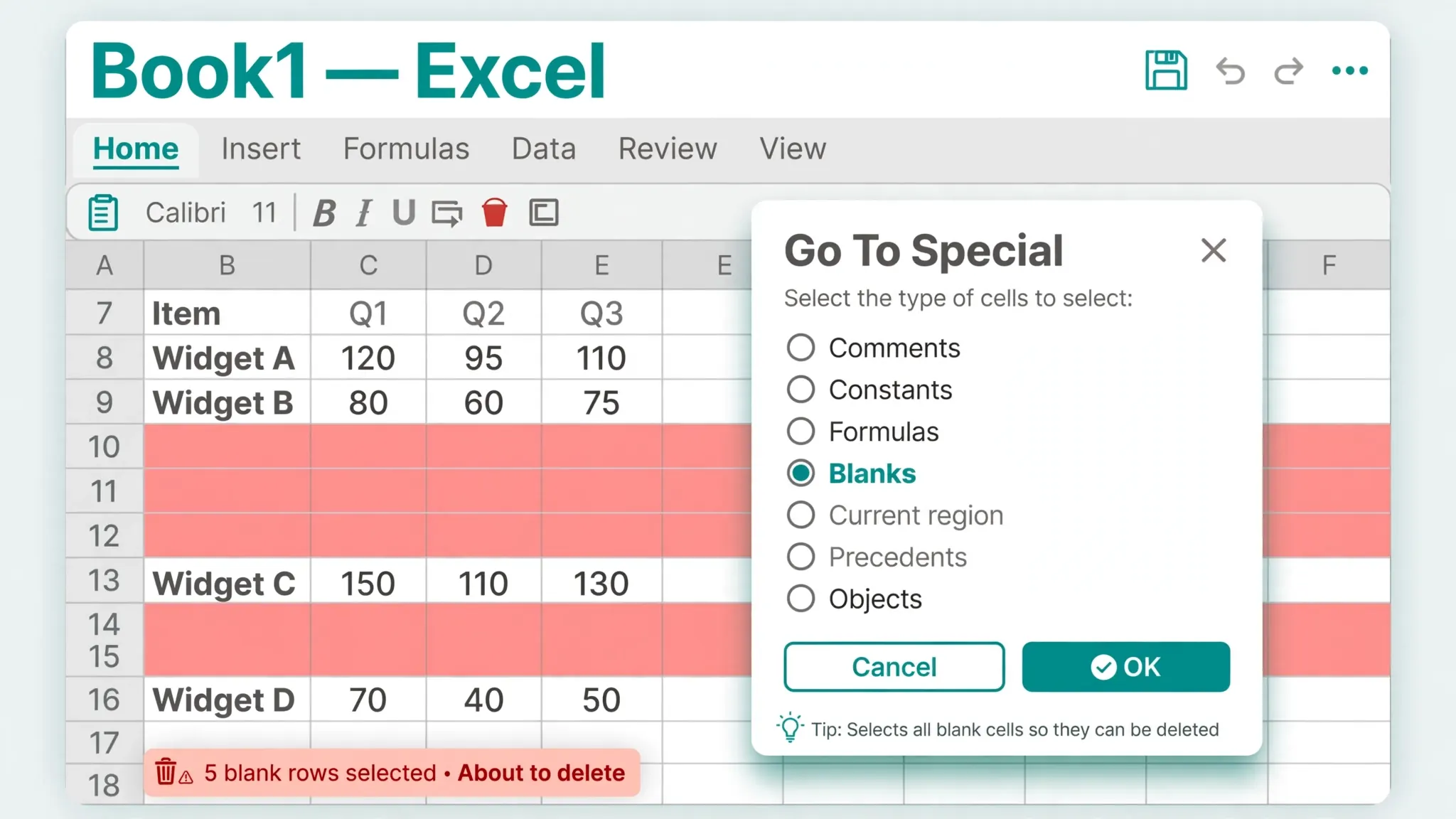 Illustration of the Go To Special dialog selecting blank cells in a spreadsheet