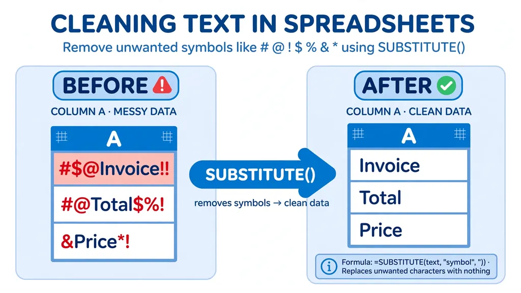 SUBSTITUTE function removing junk symbols like hash, percent and dollar signs from spreadsheet cells