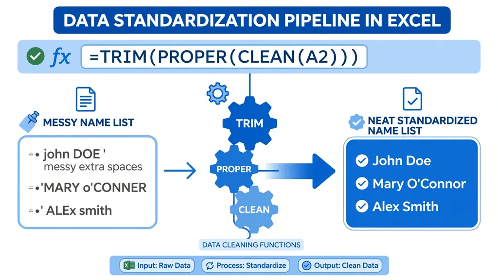 TRIM PROPER CLEAN formula stack gears normalizing messy text into uniform clean values for matching
