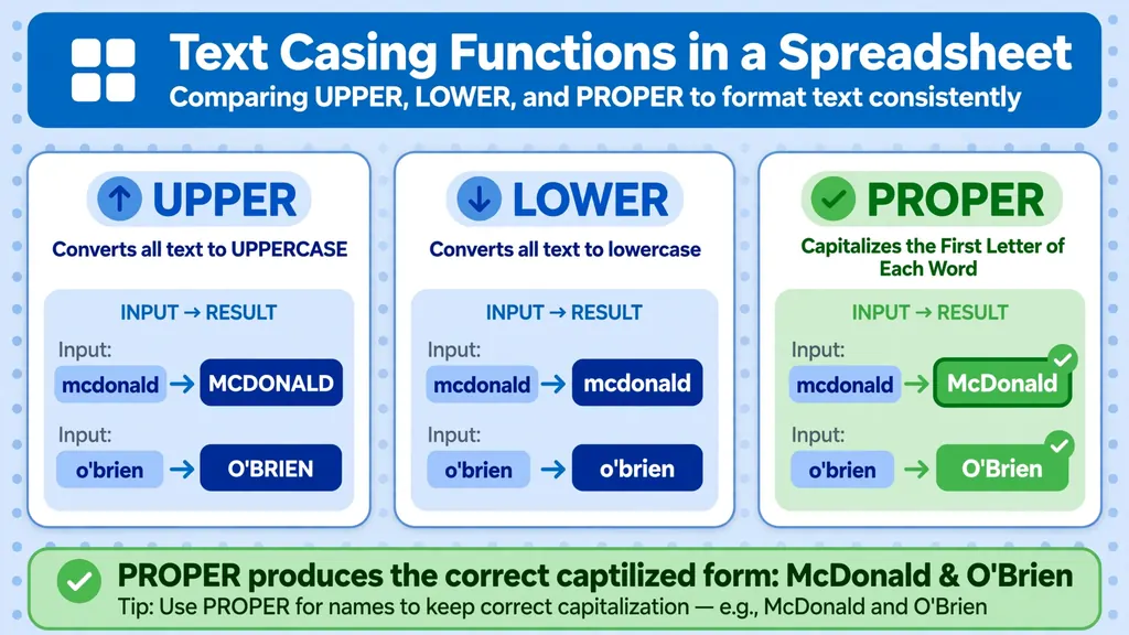UPPER LOWER PROPER casing comparison showing why uniform uppercase normalization improves fuzzy matching