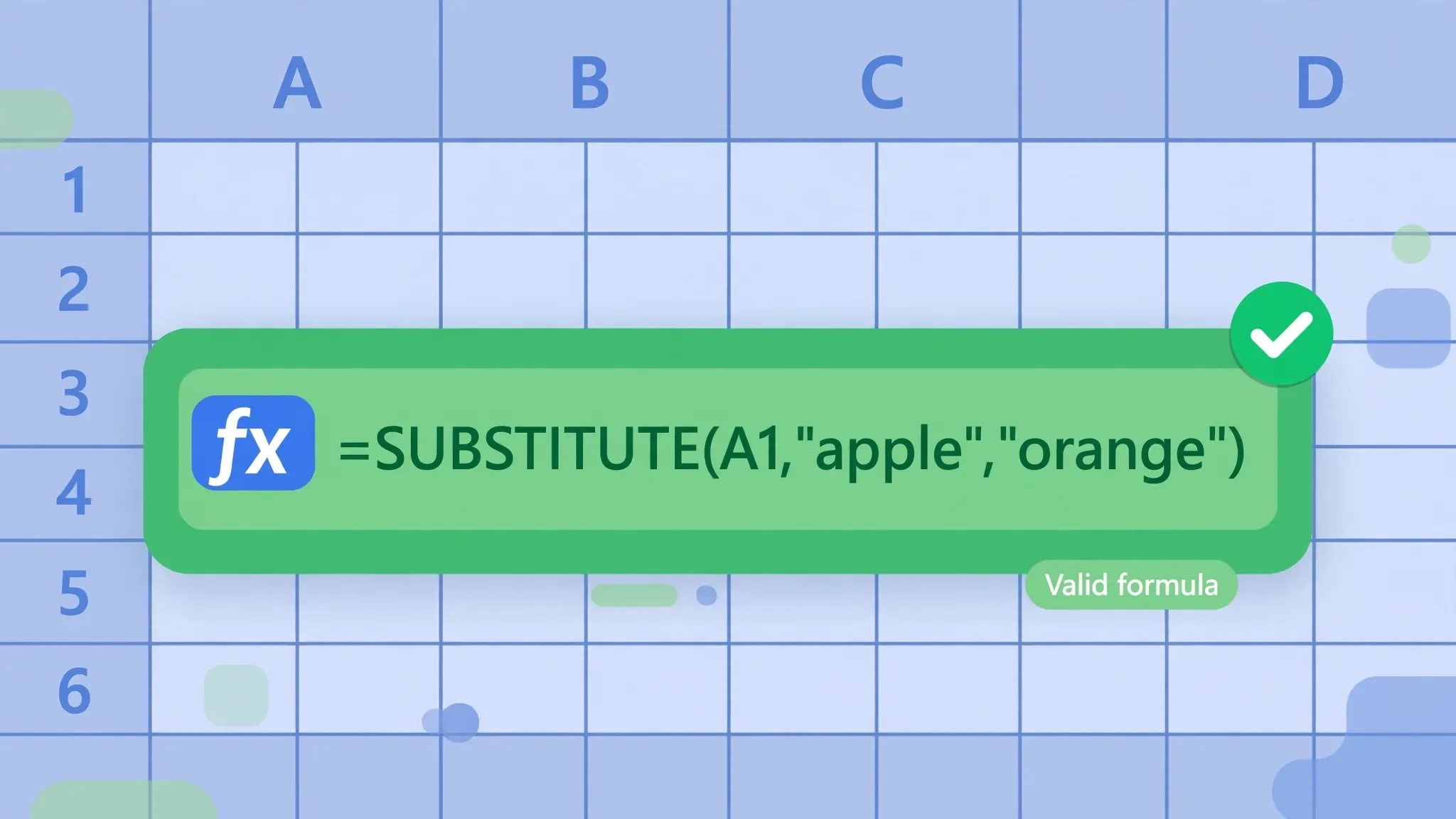 Flat vector illustration of an Excel formula bar displaying the SUBSTITUTE function formula with a green checkmark badge